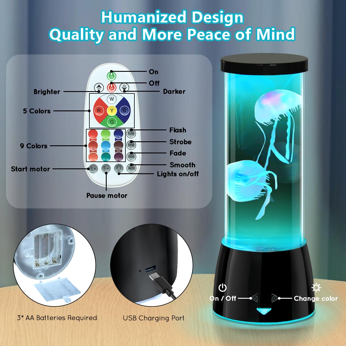 LEDHOLYT LED Jellyfish Lamp - Remote Dimmable Multi & Color Changing Mood Light - Black - Model JF6607 for Room Decoration