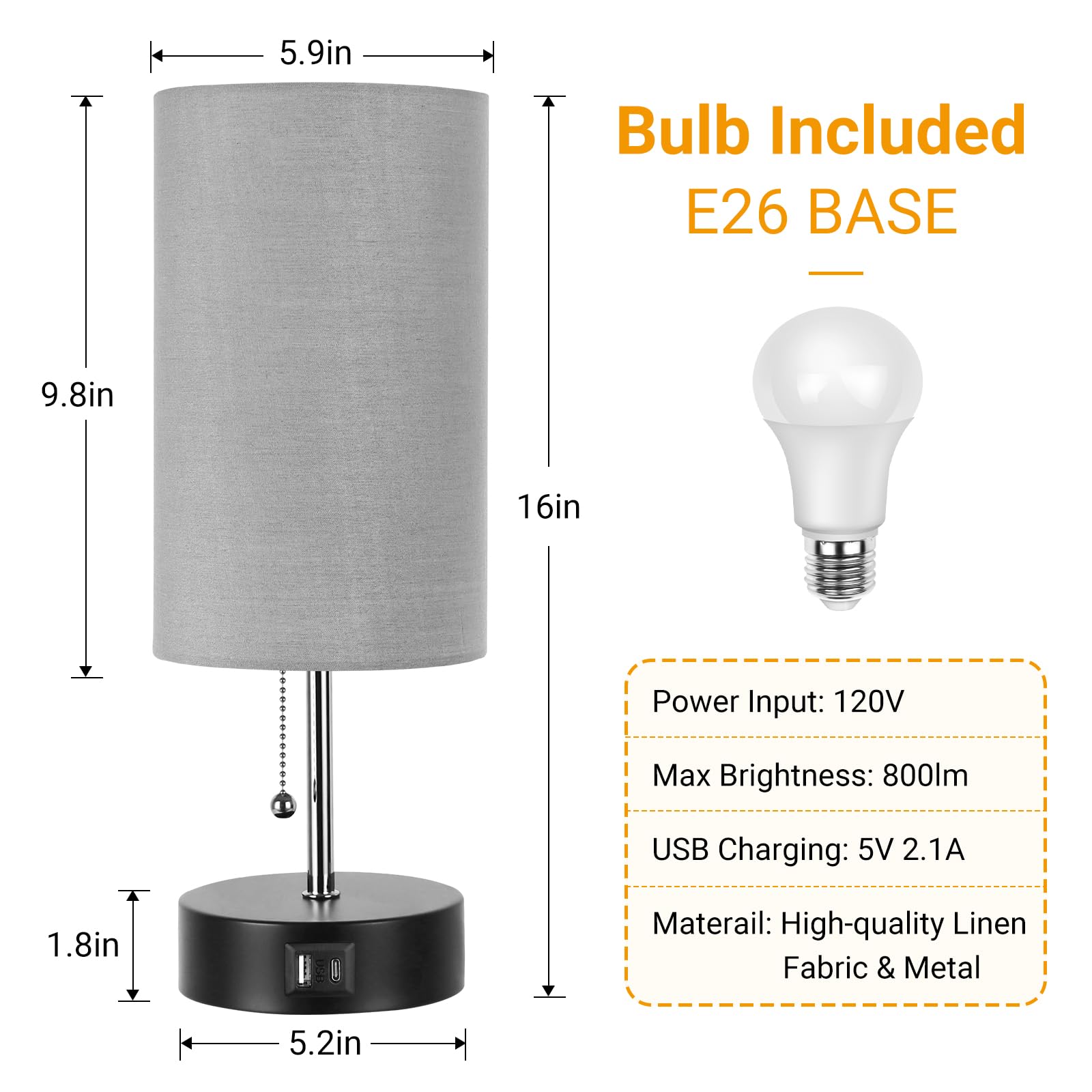 Rottogoon Bedside Lamp With Usb Ports, 3-Color Temperature, Metal, Smoke Gray, Led Bulb