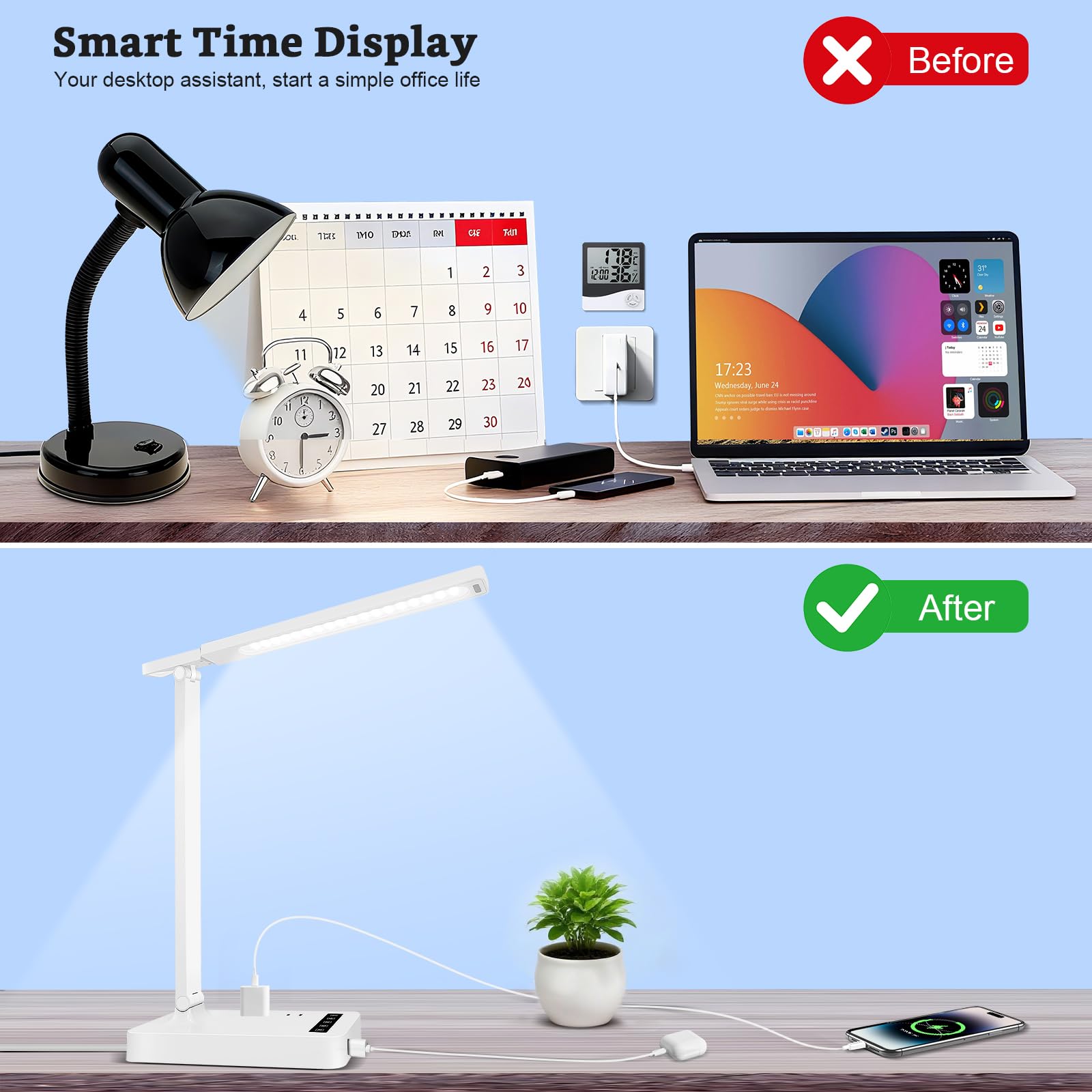 snsok Smart Desk Lamp with 4-in-1 Charging Station, 5 Color Temps, Adjustable Gooseneck, Tall 16.73" White, Model TX26C
