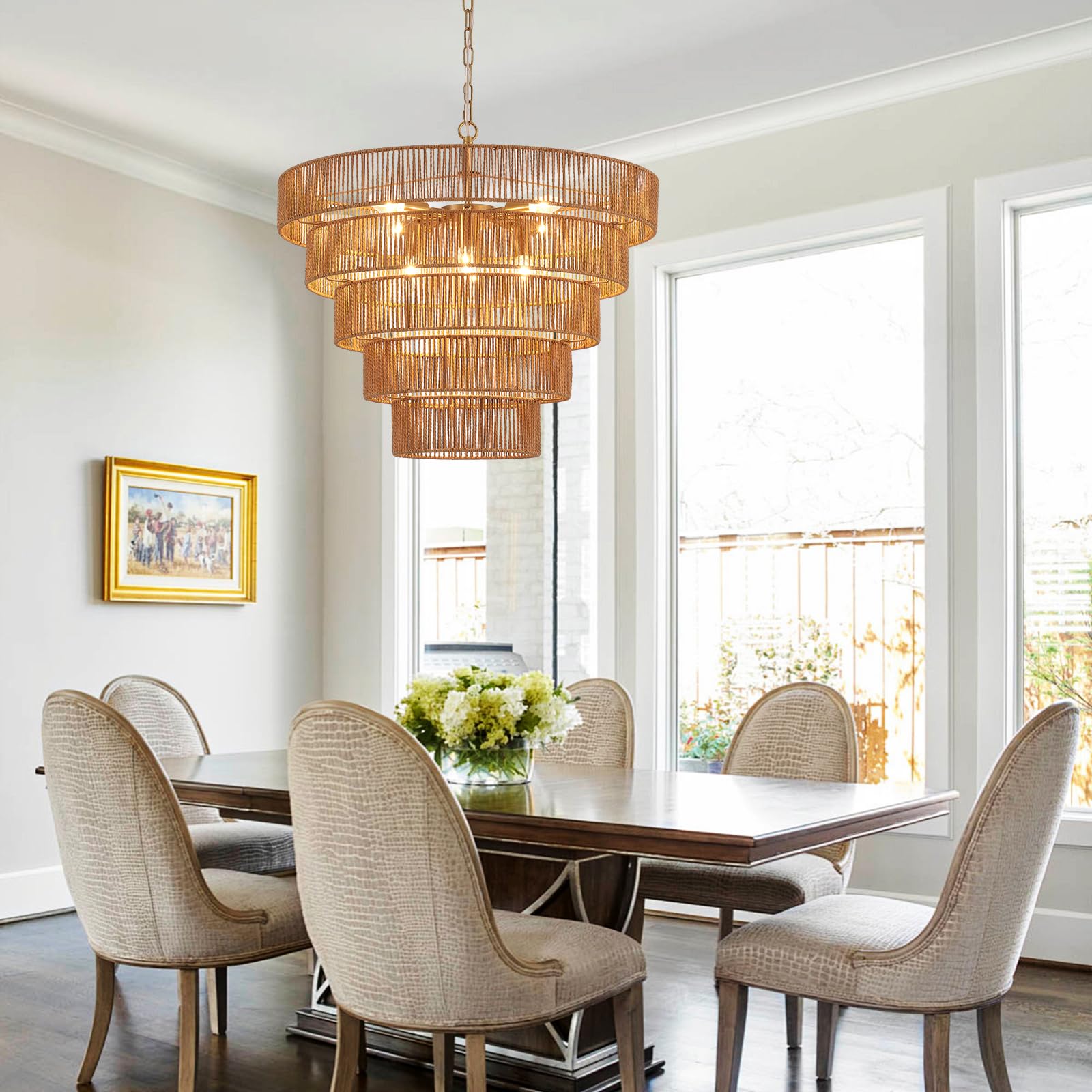 YOMECOO Rattan Chandelier - 25.6" Vintage 8-Lights Hand-Woven Gold Light Fixture for Dining Room, Kitchen, Living Room, Bedroom