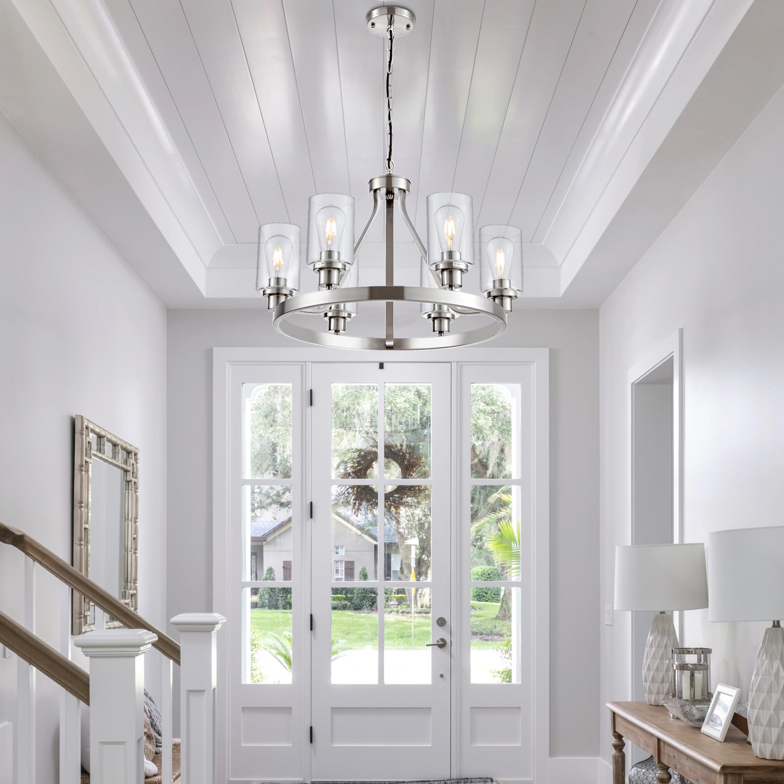 Hccz 6-Light Brushed Nickel Wagon Wheel Chandelier With Glass Shade For Dining Room & Living Room