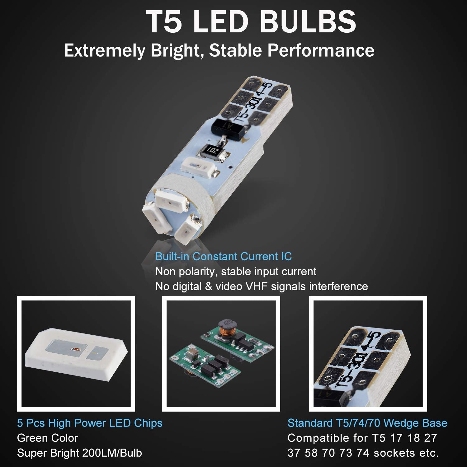 BRISHINE 10X T5 LED Bulbs Green, Canbus Error Free, 3014 Chipsets, Model XPISMII-T5G-5SMD3014-10P for