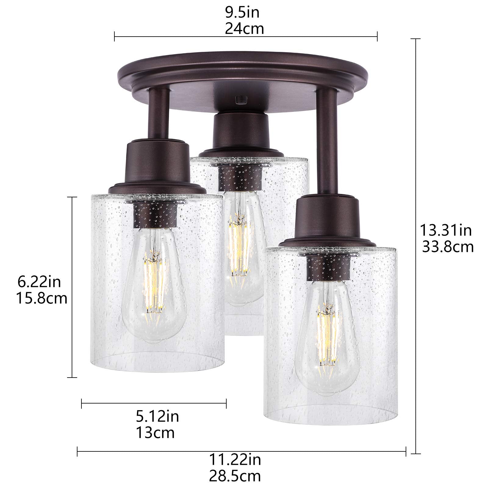 Semi Flush Mount Ceiling Light, 3-Light Close To Ceiling Light Fixtures, Vintage Oil-Rubbed Bronze Finish Kitchen Light Fixture