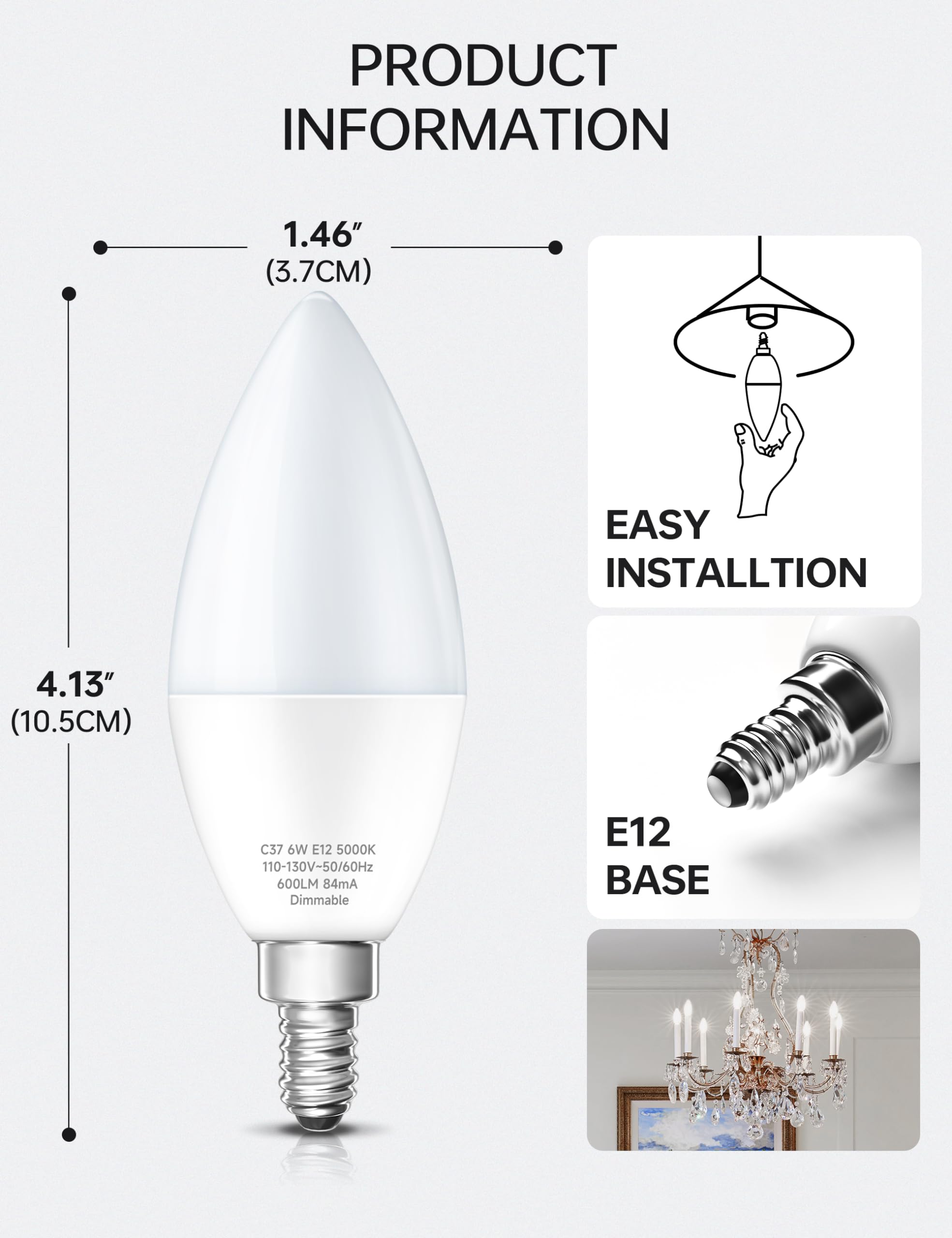 KINDEEP LED Candelabra Light Bulbs, Dimmable 6W, 60W Equivalent, Daylight 5000K, E12 Base, 3 Pack