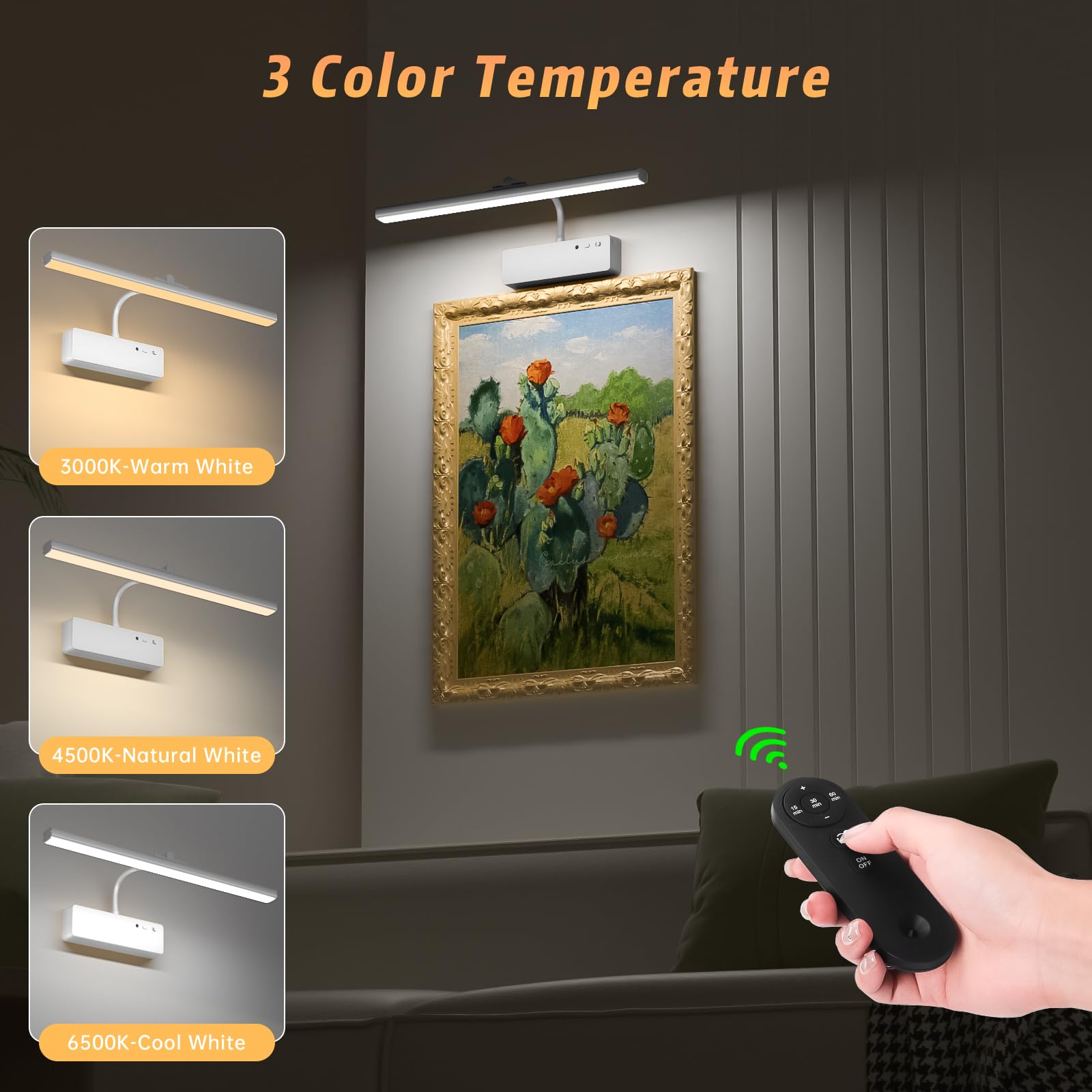 Picture Light With Remote, 15.35Inch Wireless Rechargeable Battery Wall Light For Paintings, 3 Colors Paintings Light Dimmable &Timer Metal Art Light For Display, Wall, Artwork, Gallery (Silver)