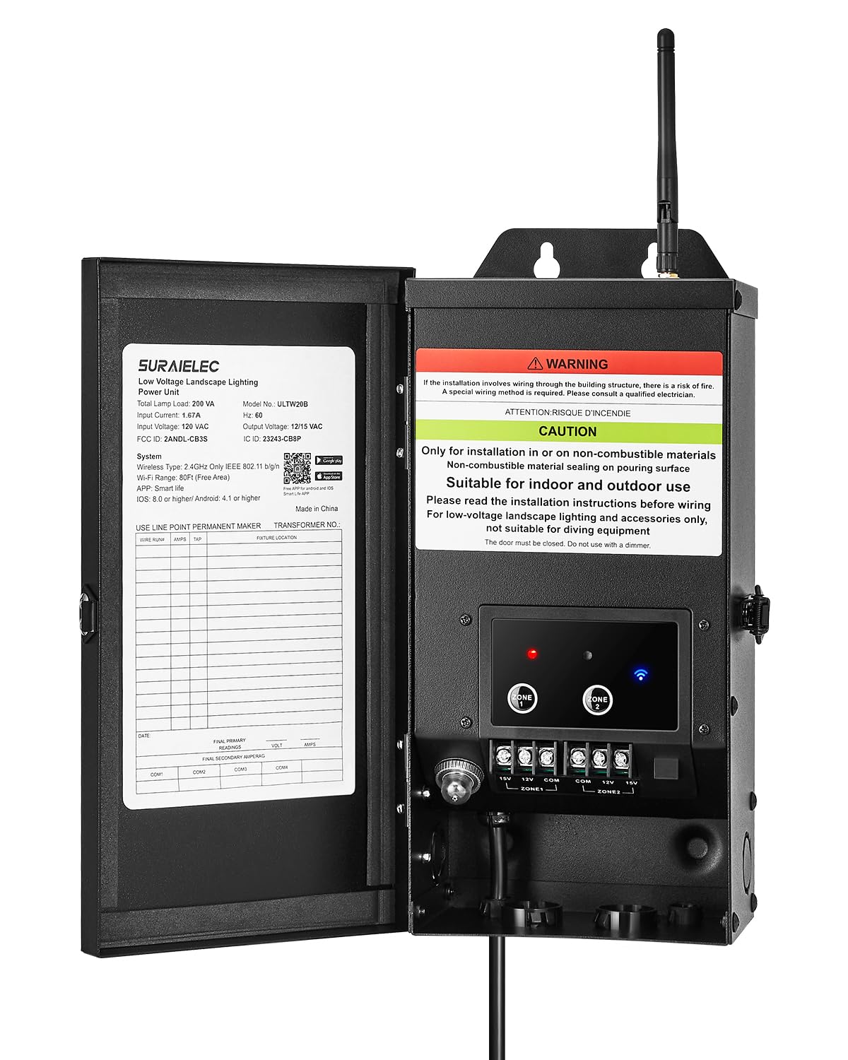 Suraielec Smart Wi-Fi Low Voltage Transformer, 200W Indoor Outdoor Landscape Lighting Transformer With 2 Zones, 120V Ac To 12V 15V Ac Multi Tap Power Supply, Works With Alexa & Google Assistant