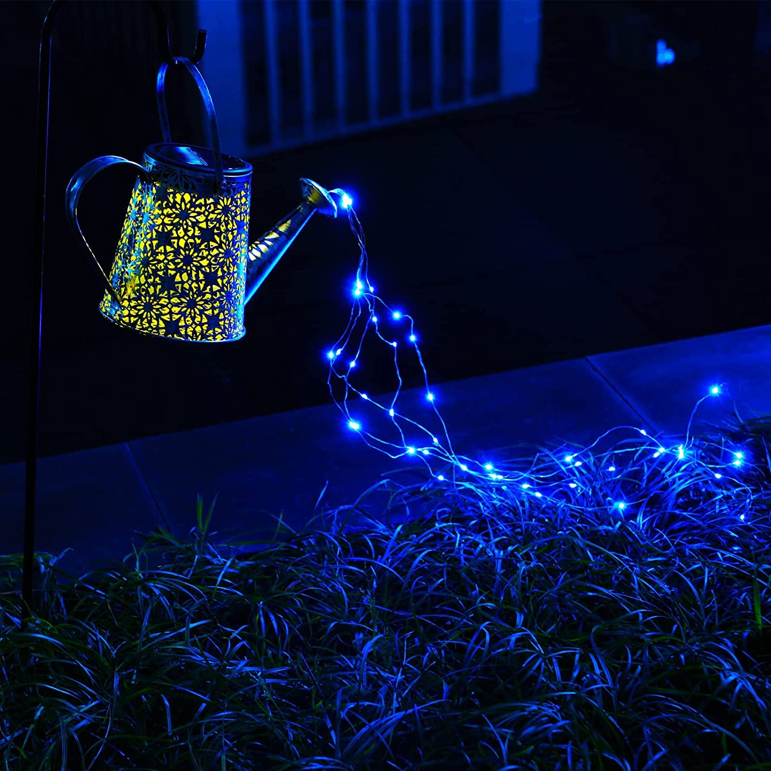 Vcdsoy Solar Watering Can Lights, Large Metal Outdoor Hanging Light, Waterproof, Blue, Model XM-21-TYSHD-1-LS-AL