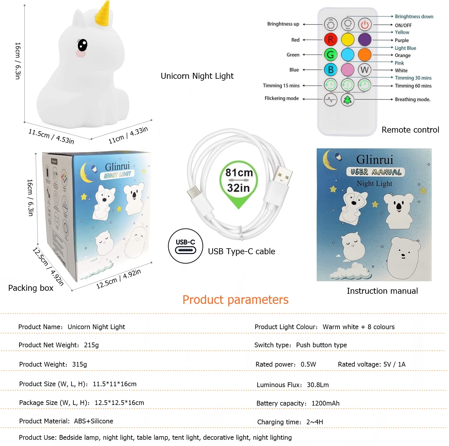 Glinrui Large Unicorn Night Lights For Kids, 9 Colors Silicone Bedside Table Lamps Baby Bedroom Lighting Nursery Children Tap Lamp For Toddlers Boys Girls Adults Student Elder Bathroom Outdoor - Large