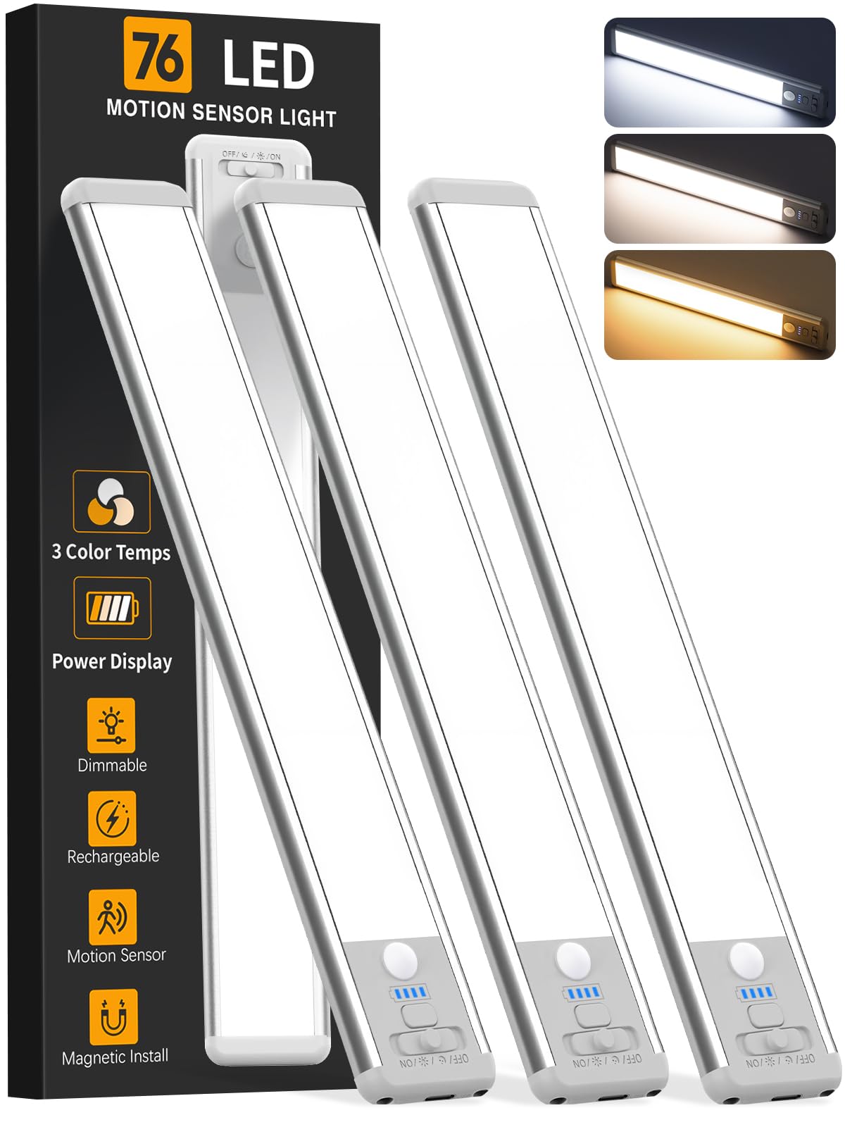 Under Cabinet Lighting Wireless, Rechargeable Motion Sensor Light Indoor, 3 Color Dimmable Closet Light Battery Operated with LE