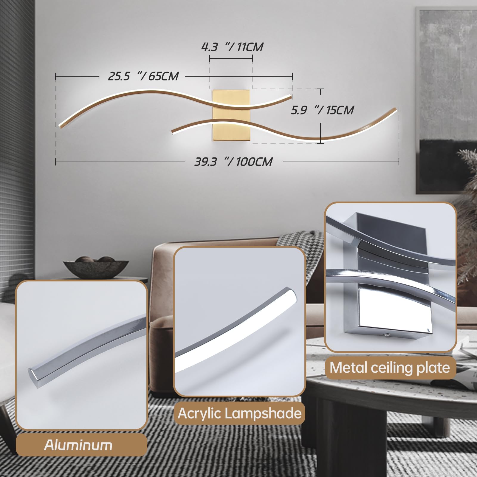 Caneoe Modern Wall Sconce  39Inch Gold Led Wall Light Fixtures 6000K Bathroom Vanity Light Fixtures Over Mirror Indoor Bedroom Wall Lamps For Living Room Hallway Sconces Lighting
