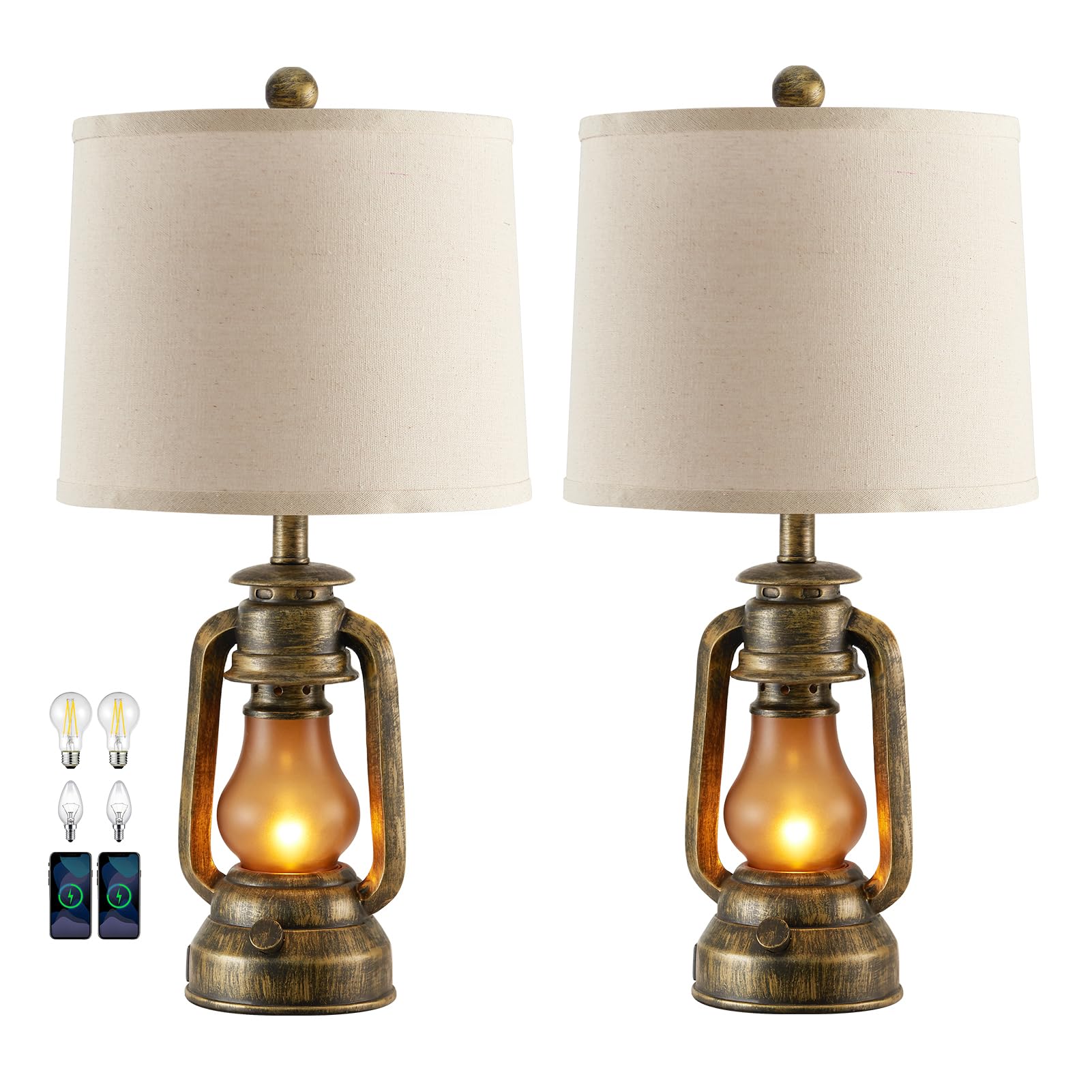 RORIANO Farmhouse Lantern Table Lamps Set of 2 with USB Ports, 22-Inch Brass Color, Rustic Vintage Nightstand Lamps, Model RO-8855