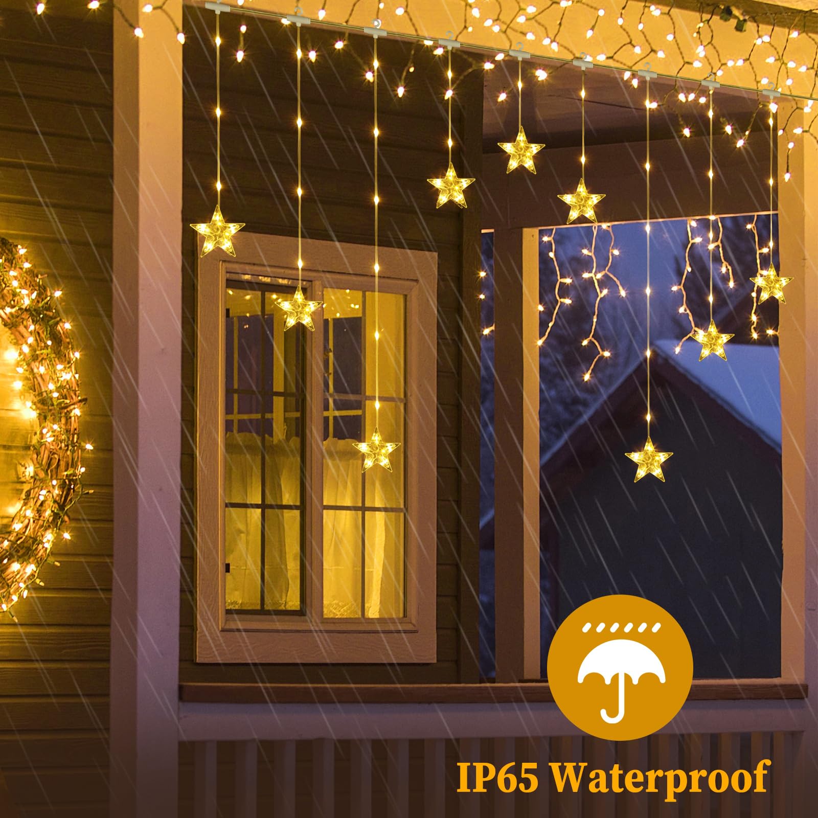 Marchpower 9 Stars Curtain Lights Warm White, Ip65 Battery Operated Christmas Star Window Curtain Lights With Timer & Memory Function, 76 Leds String Lights With 8 Modes And 10 Hooks For Xmas Decor