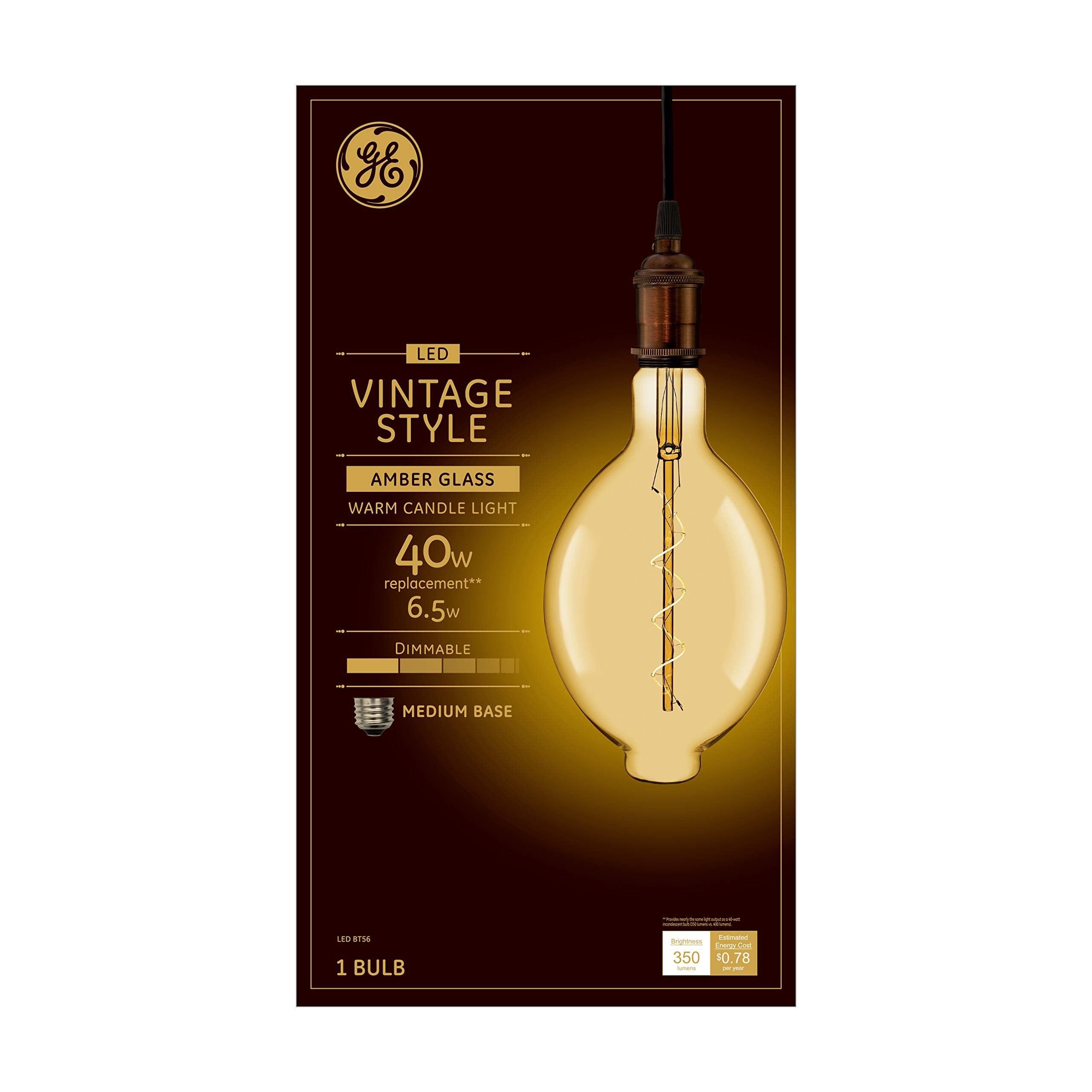 GE LED Vintage Edison Bulb, 6.5W Dimmable Amber Glass, 350 Lumen, BT56, E26 Base, 1-Pack