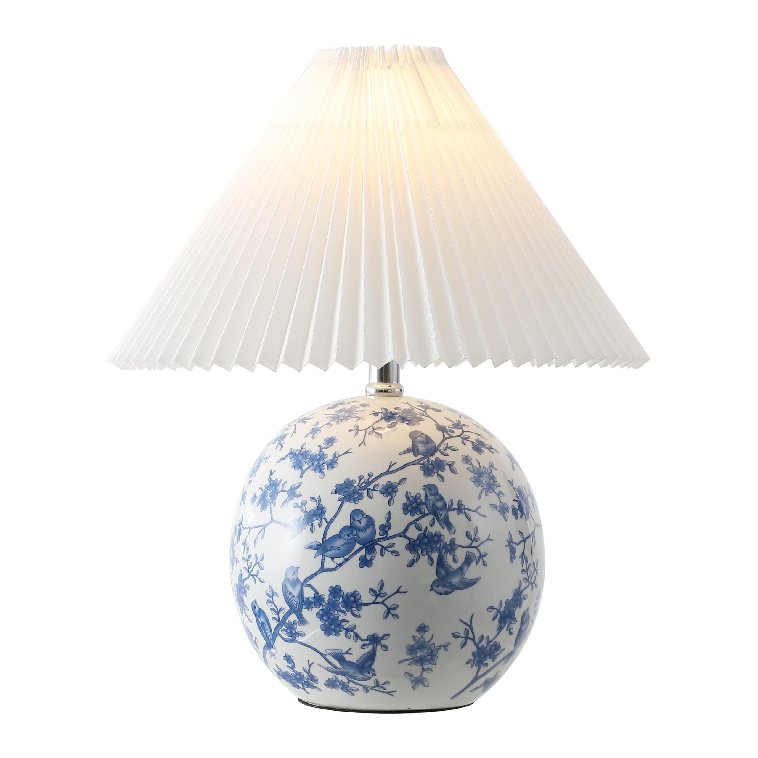 JONATHAN Y JYL5056B Shishen 19.5 Cottage Classic Chinoiserie Ceramic Orb LED Table Lamp with Pleated Shade, White/Blue for Bedro