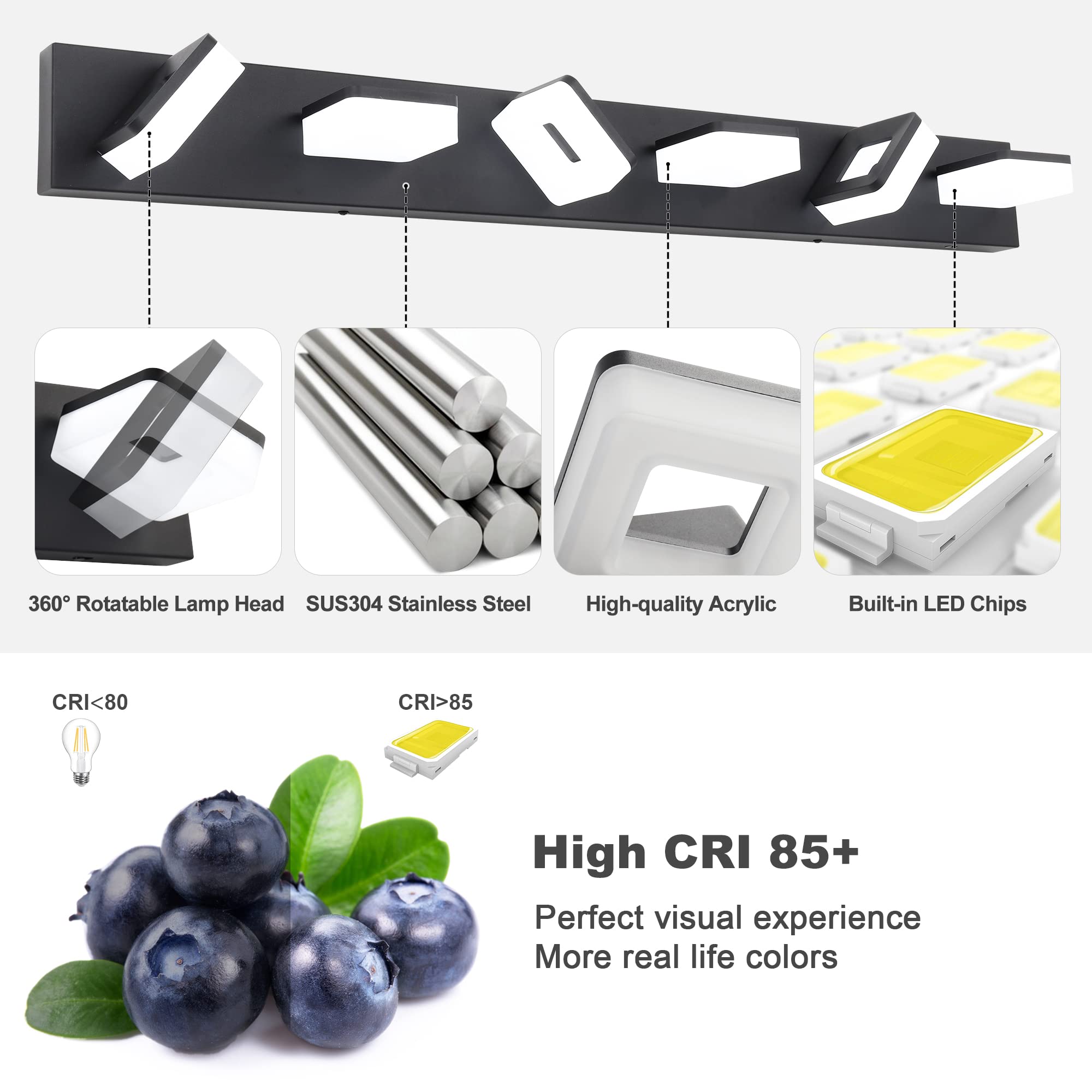 Goodate 3 Color Dimmable Led Vanity Light Fixtures - 6 Light Acrylic Stainless Steel Black Bathroom Light
