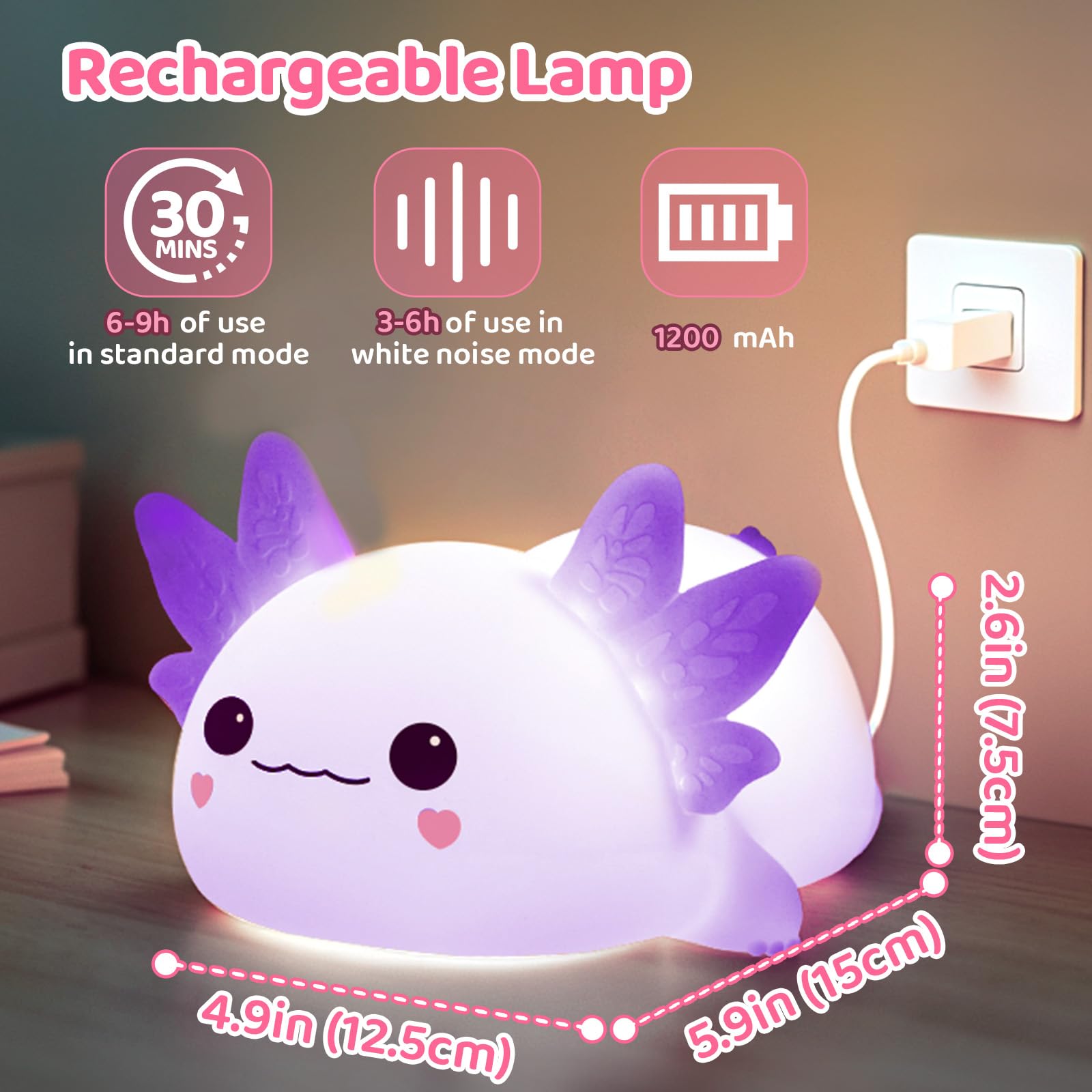 Mewaii Huggwaii Squishy Axolotl Night Light for Kids, Dimmable Silicone Kids Night Light with 4 White Noise, 2025 Upgraded Recha