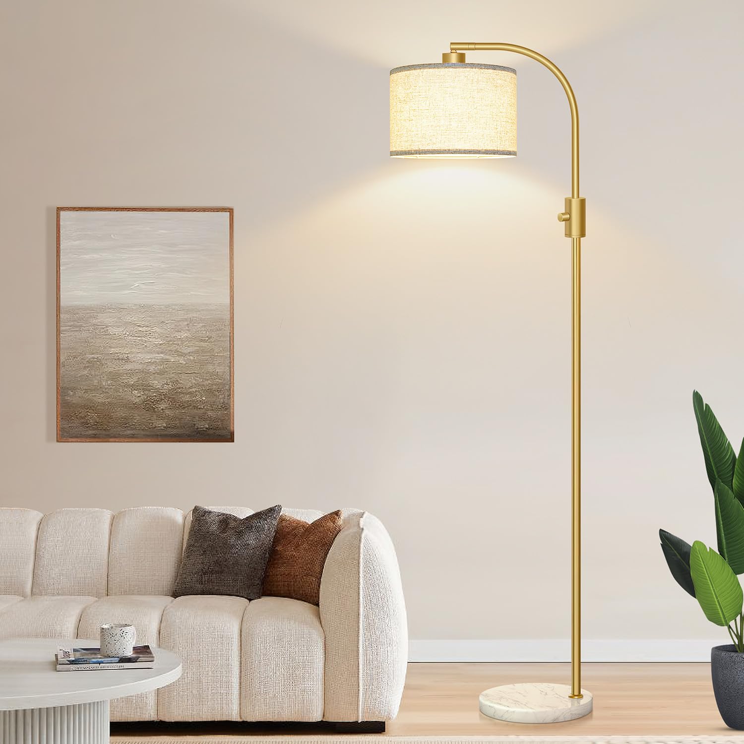 Nintiue Dimmable Gold Arc Floor Lamp, 1200 Lumens LED, Marble Base, Modern Standing Lamp for Living Room & Bedroom