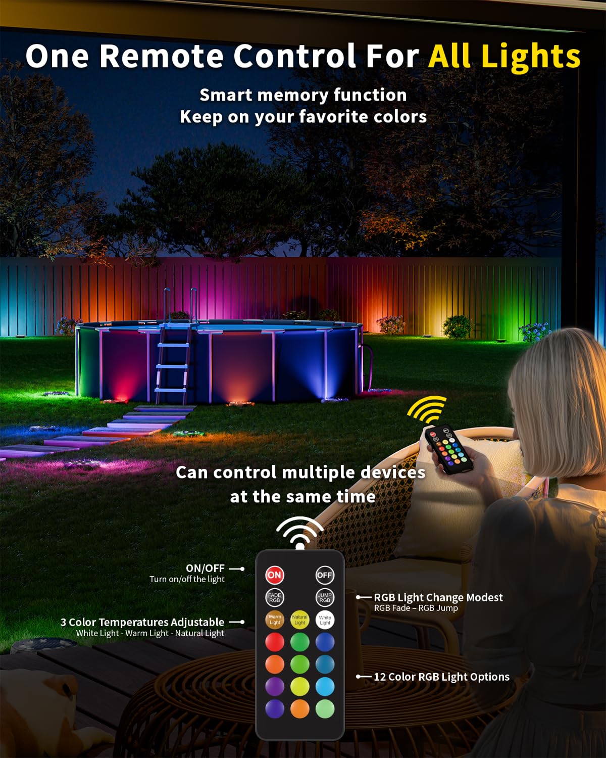 Hicotet Solar Ground Lights - 50ft Remote Control, IP67 Waterproof, 15 Multi-Color, 18 Pack, Black, for Garden, Pathway, Patio