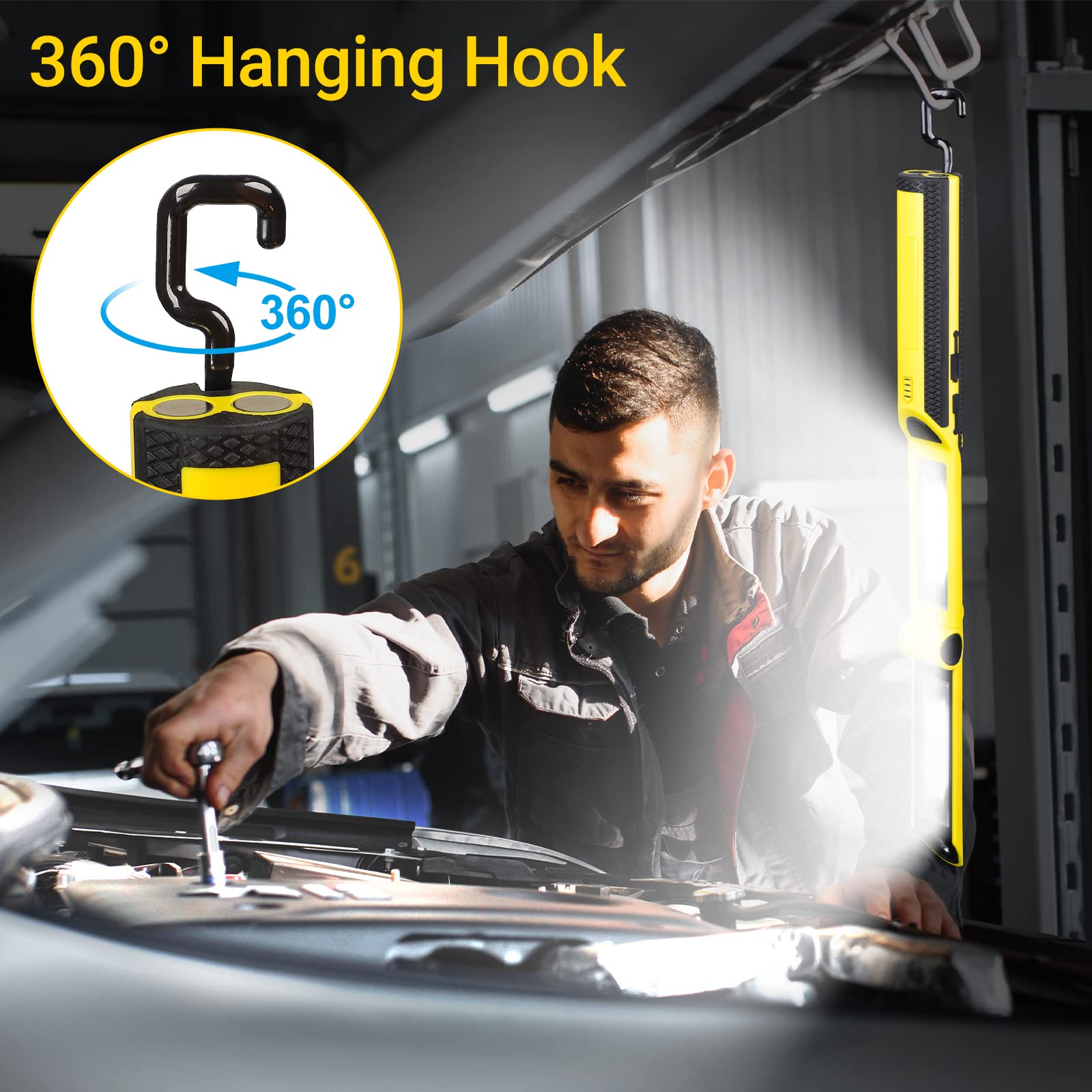 Work Light, Rechargeable Led Work Light 1500 Lumens, Portable Magnetic Work Light 180° Rotate 3 Modes, With 4 Magnetic Base And Hook Mechanic Light For Under Hood/Car Repairing/Inspection/Outdoor
