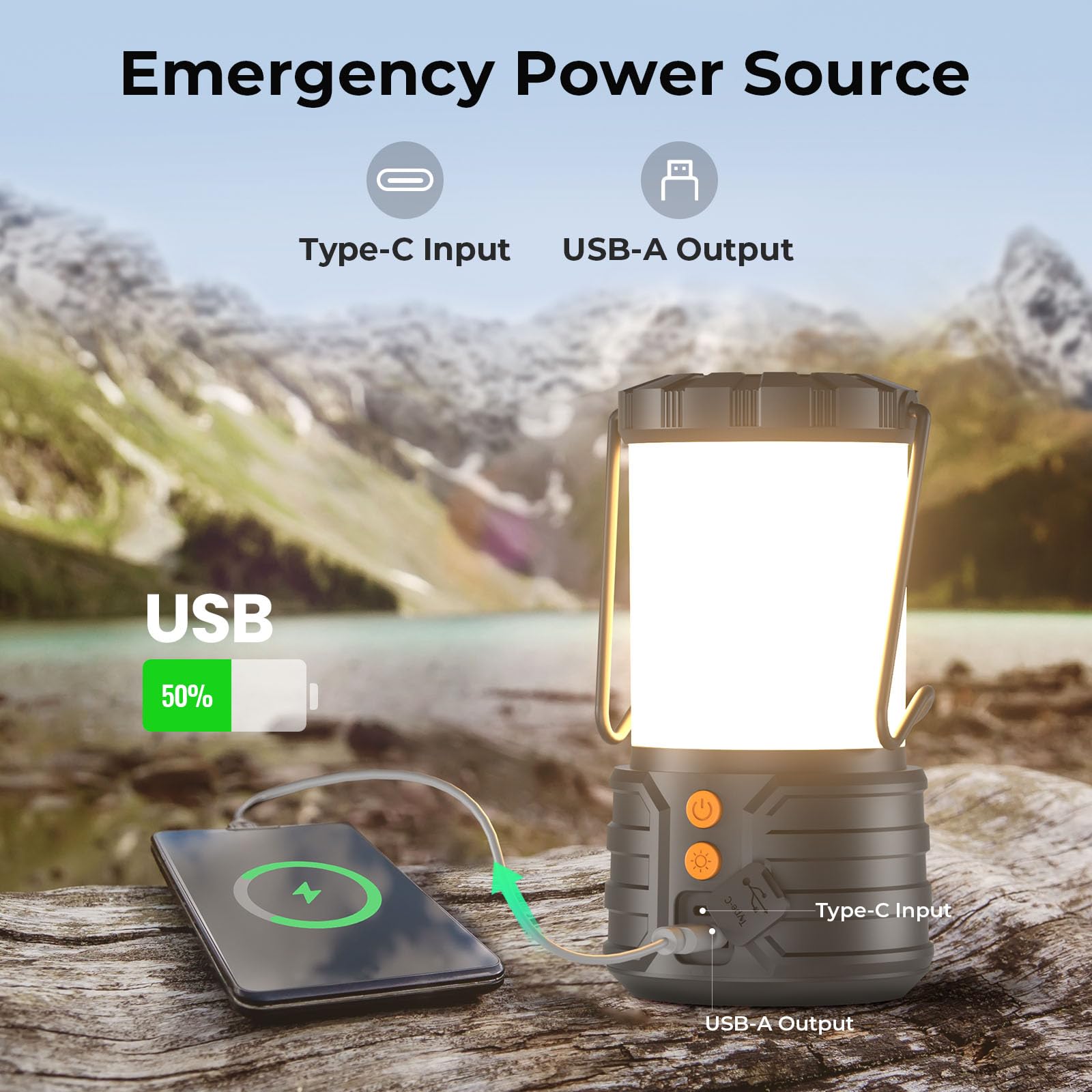 PopoIron Camping Lantern - 5000mAh Rechargeable, IPX4 Waterproof, Black, EL01 Model, 1 Pack