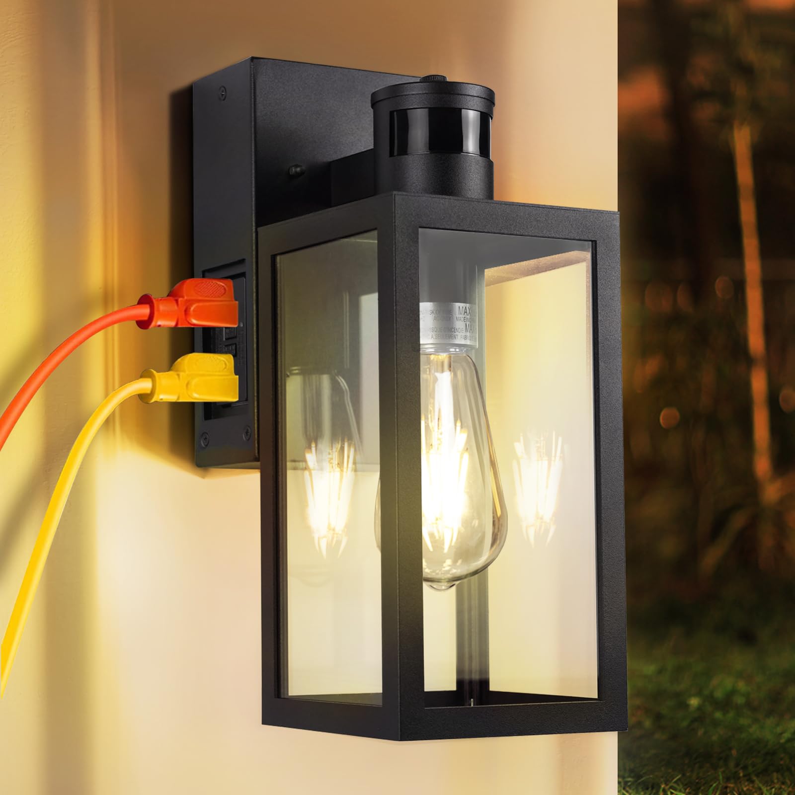 Huadeec Porch Light With Gfci Outlet,Dusk To Dawn Motion Sensor Outdoor Light,3 Lighting Modes Exterior Lights Fixture,Anti-Rust Front Porch Light Wall Lantern(Bulb Not Included)