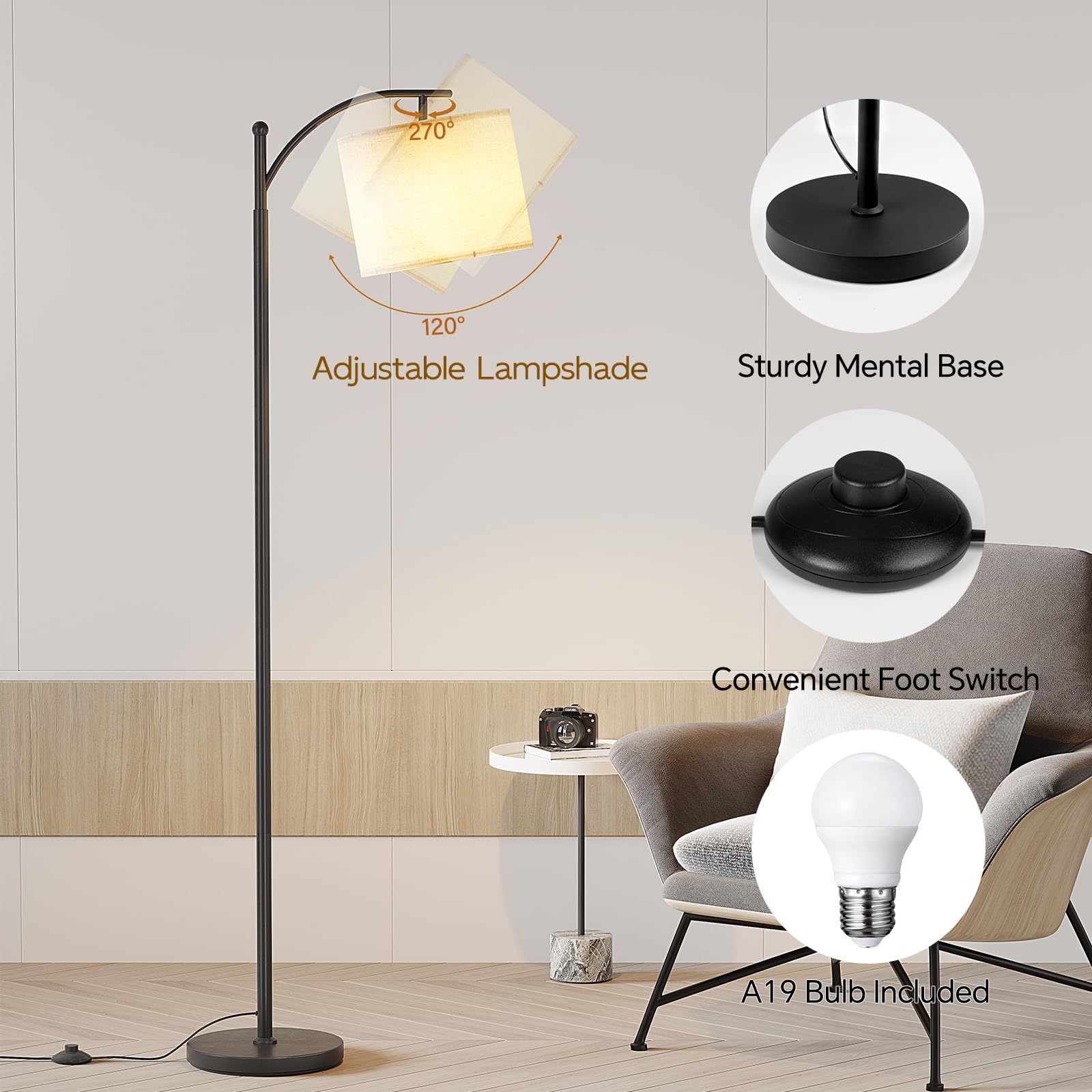 SUNMORY Arc Floor Lamp - Modern Metal Standing Lamp with 9W 3-Color Bulb, Adjustable Shade, Black, Model MF18166A
