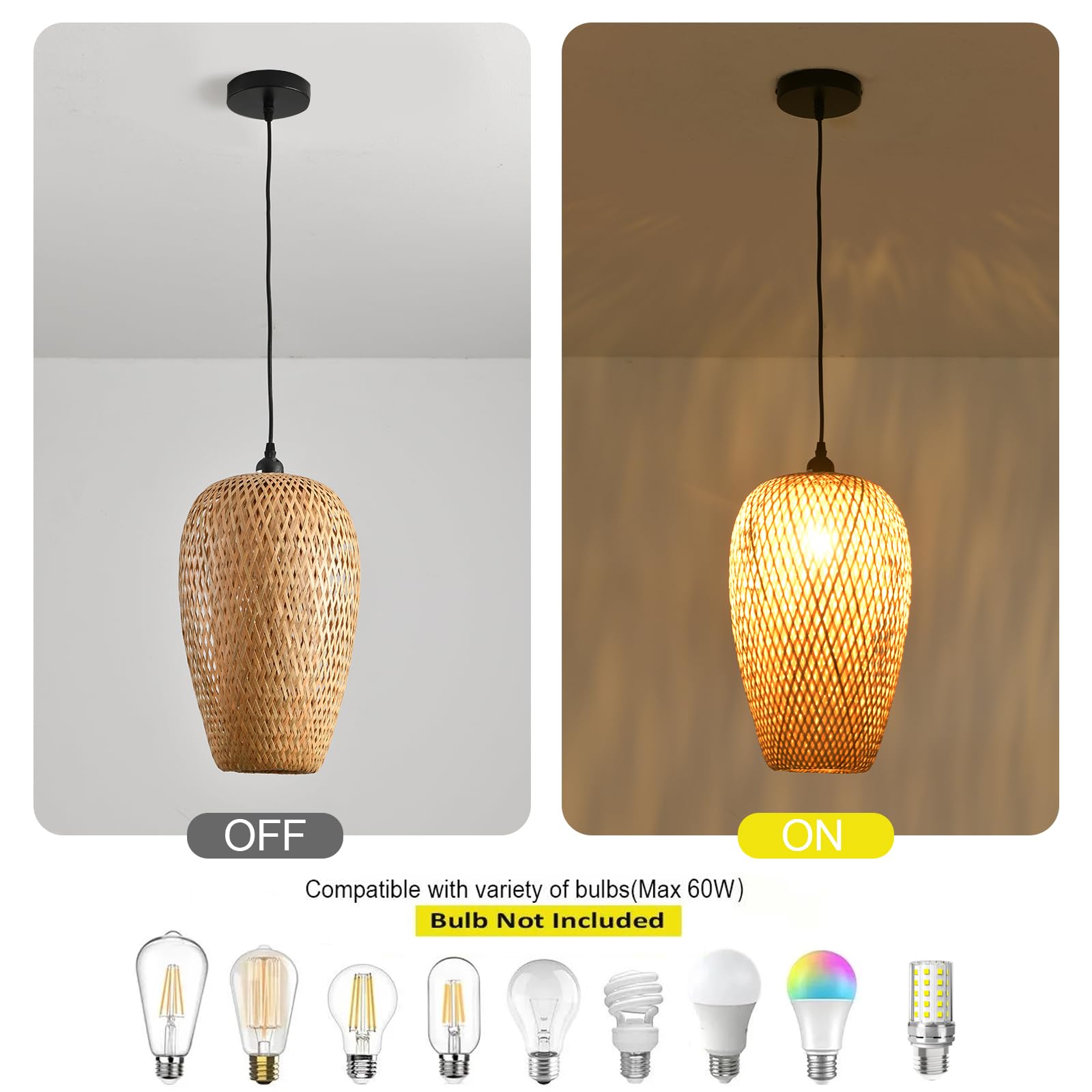 Teru Ji Kaikang Bamboo Lamp Shade, 2-Pack Hand-Woven Bamboo Rattan Hanging Light Shade,D 9.05'' Rattan Table Lamp Shade For Floo