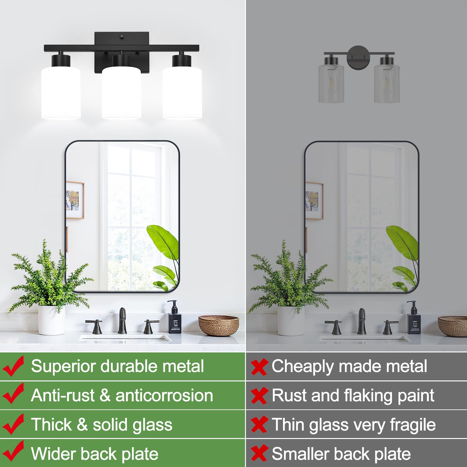Meybiok 3-Light Bathroom Light Fixtures  Black Vanity Lighting Fixtures With Milky White Frosted Glass Shades  Bathroom Wall Lamp With E26 Socket  For Mirror  Living Room  Bedroom