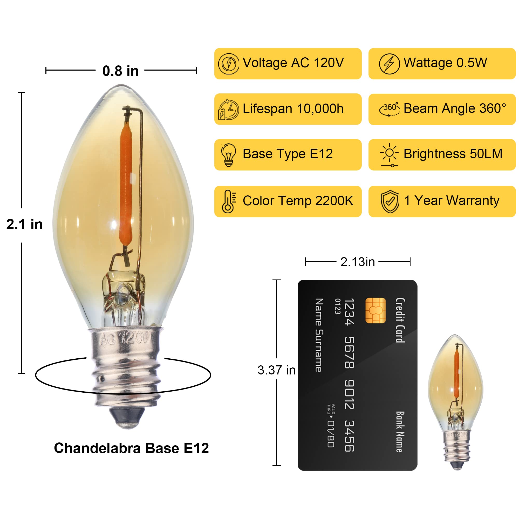 Fannis C7 Mini Led Bulb 6 Pack, 0.5W Warm 2200K Edison Vintage Amber Glass E
