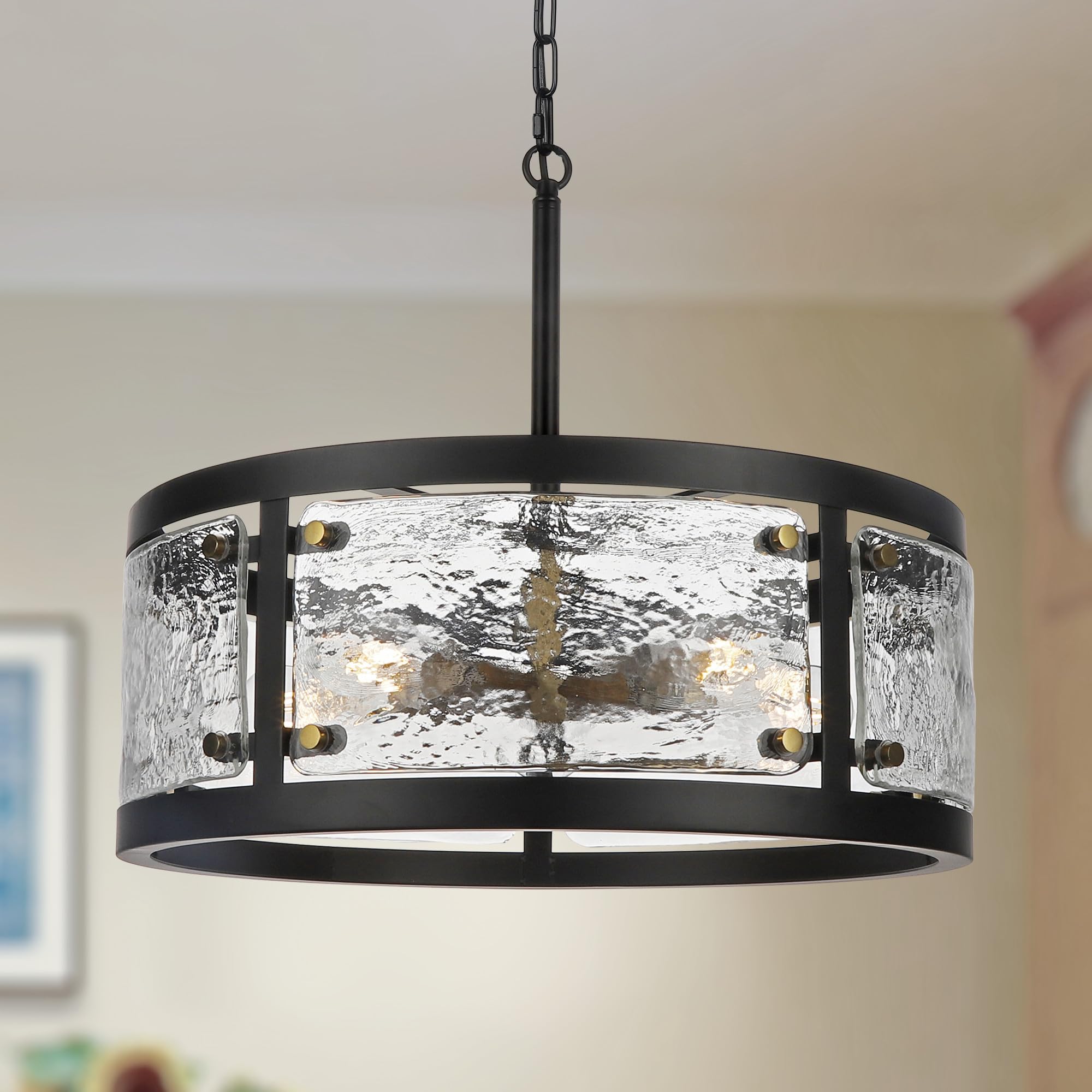 CNRATYE 20'' Farmhouse Round Black Chandelier, 5-Light Rustic Dining Room Light Fixtures Over Table, Industrial Glass Chandelier