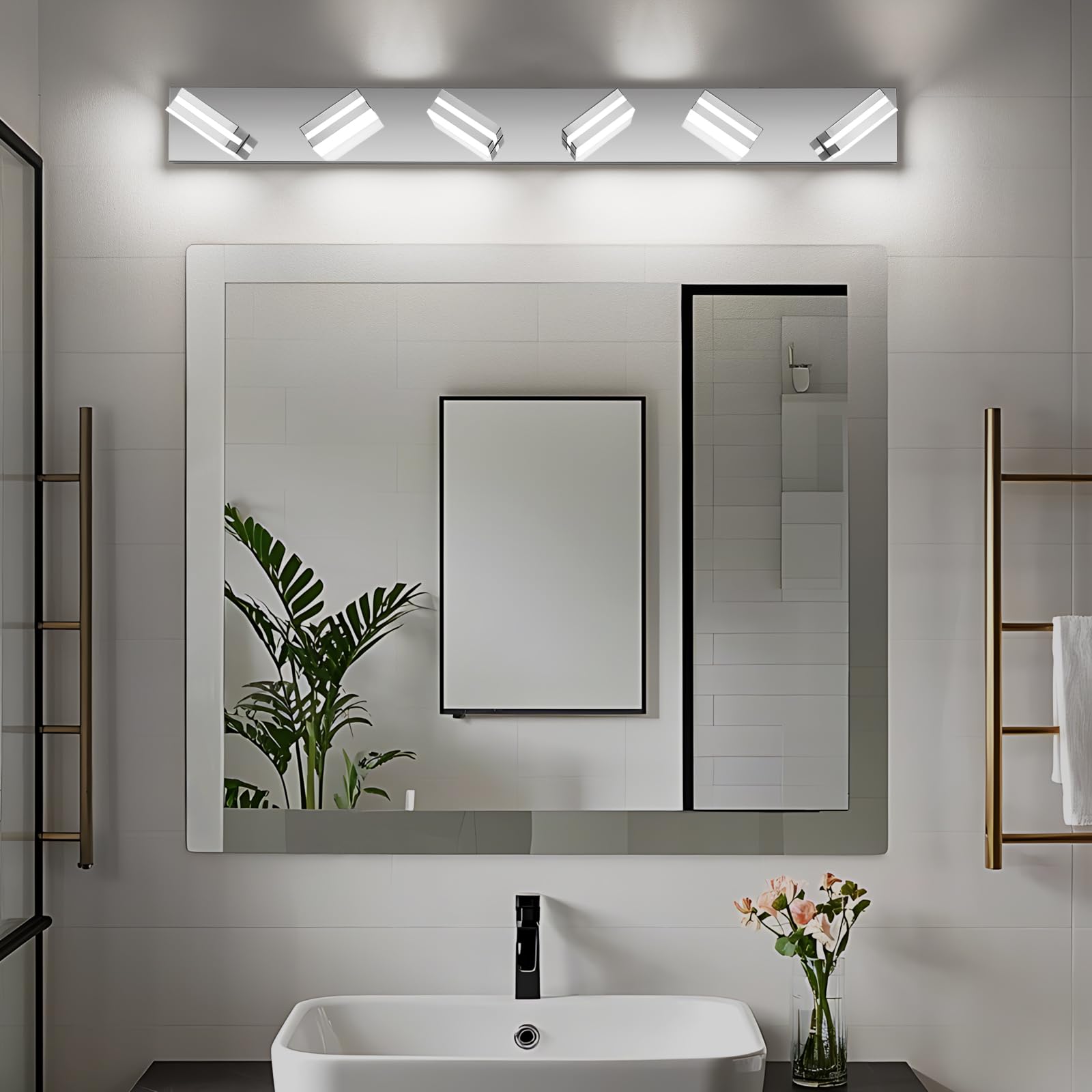 JZEKVN Modern LED Bathroom Light Fixture, 6-Light, 41.73in Chrome Acrylic Vanity Lighting, Model 202541008