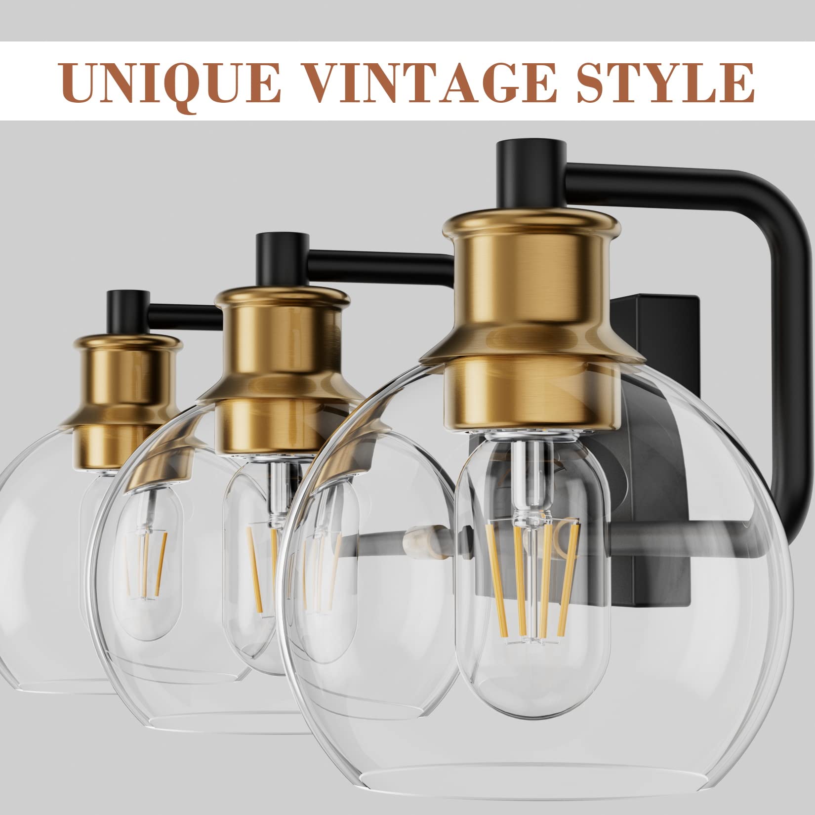 Tipace Vintage Bathroom Vanity Light Fixture, 3-Light Black & Gold Glass Globe, Model L-7493-1, Industrial Farmhouse Style