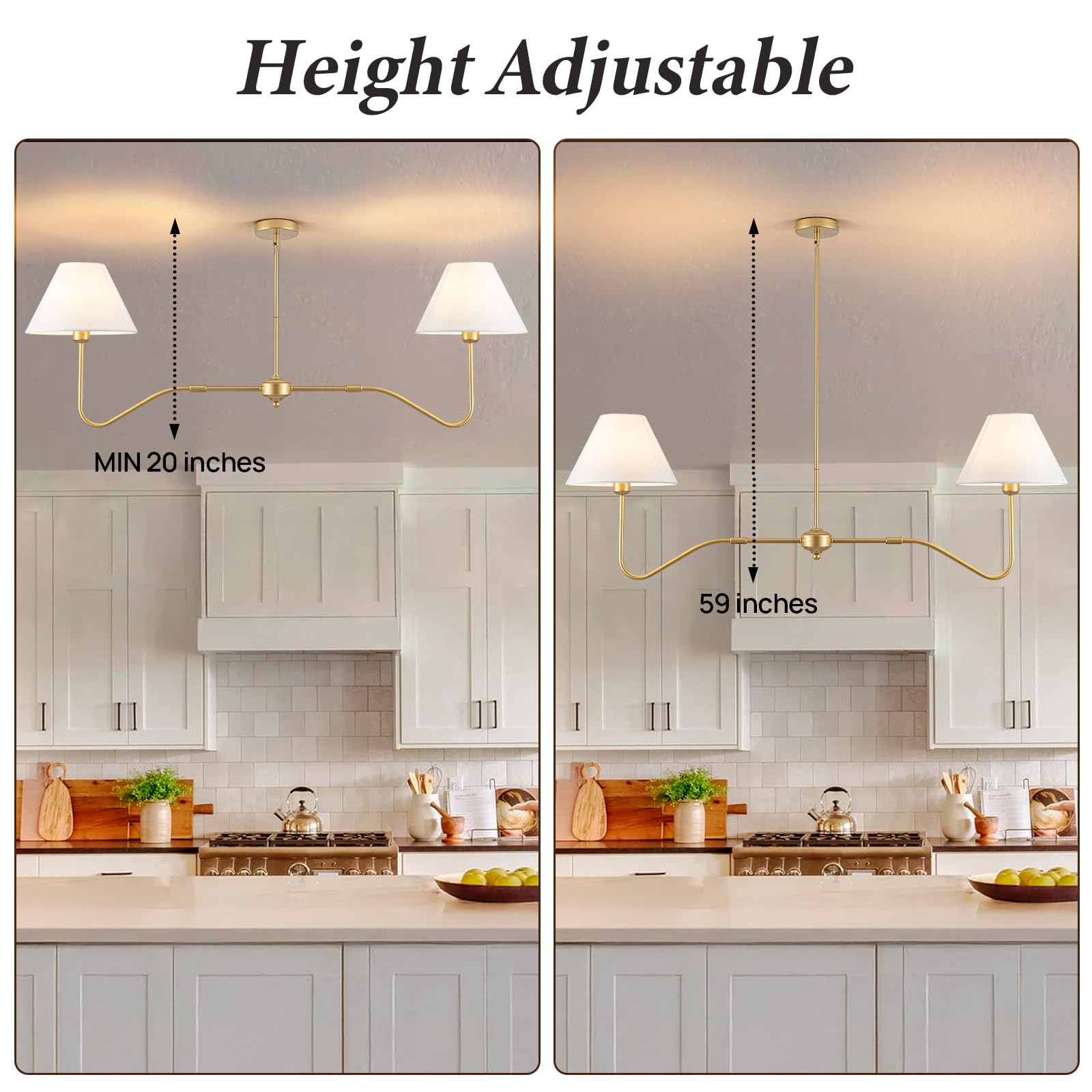 JSDORSY 2-Light Gold Linear Chandelier, 55" Adjustable Farmhouse Lighting with White Fabric Shades, Model JL-2T-Gold