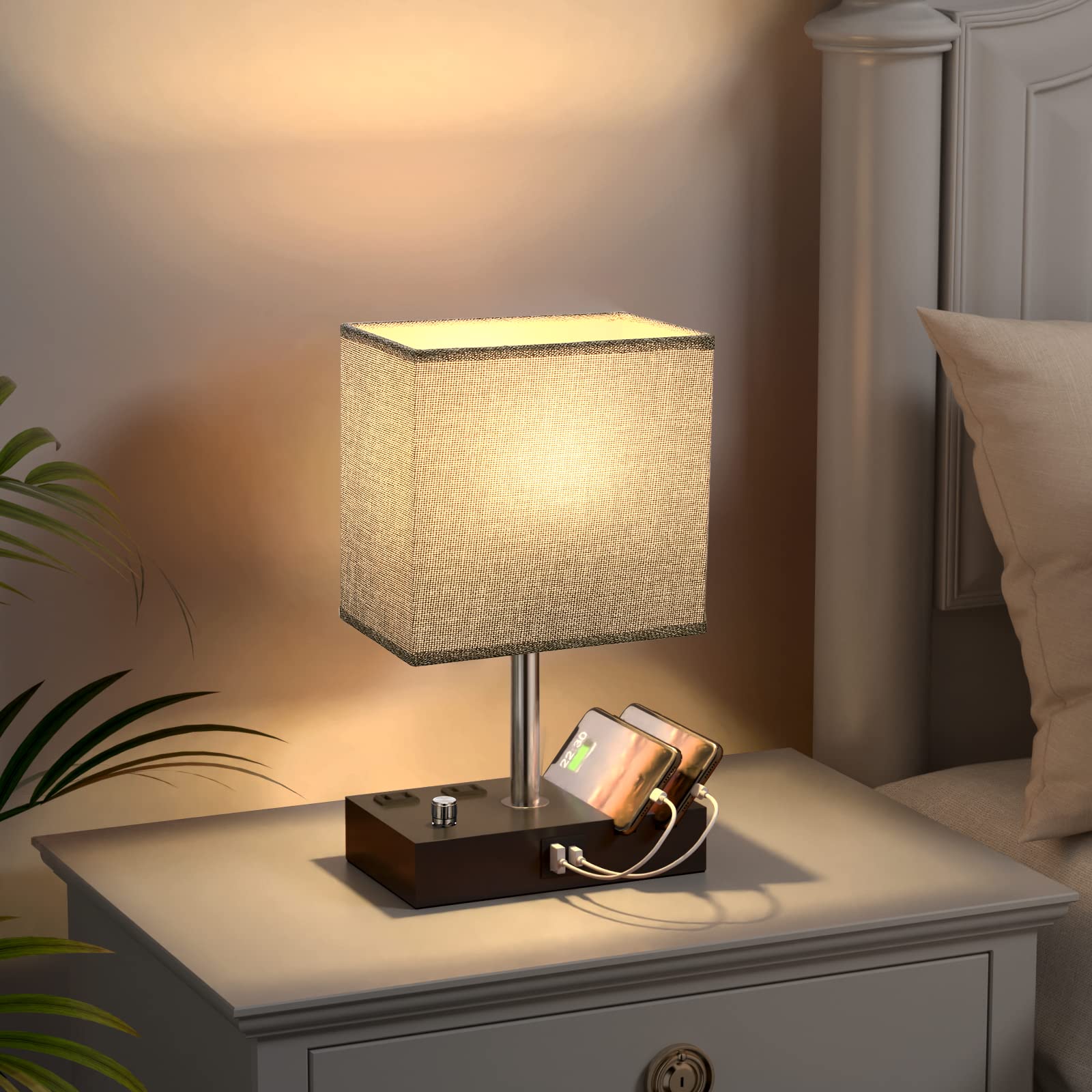 Kakanuo Bedside Lamps Set Of 2, Fully Dimmable Grey Wooden Table Lamps With Usb C Ports And Phone Stand, Bulb Included