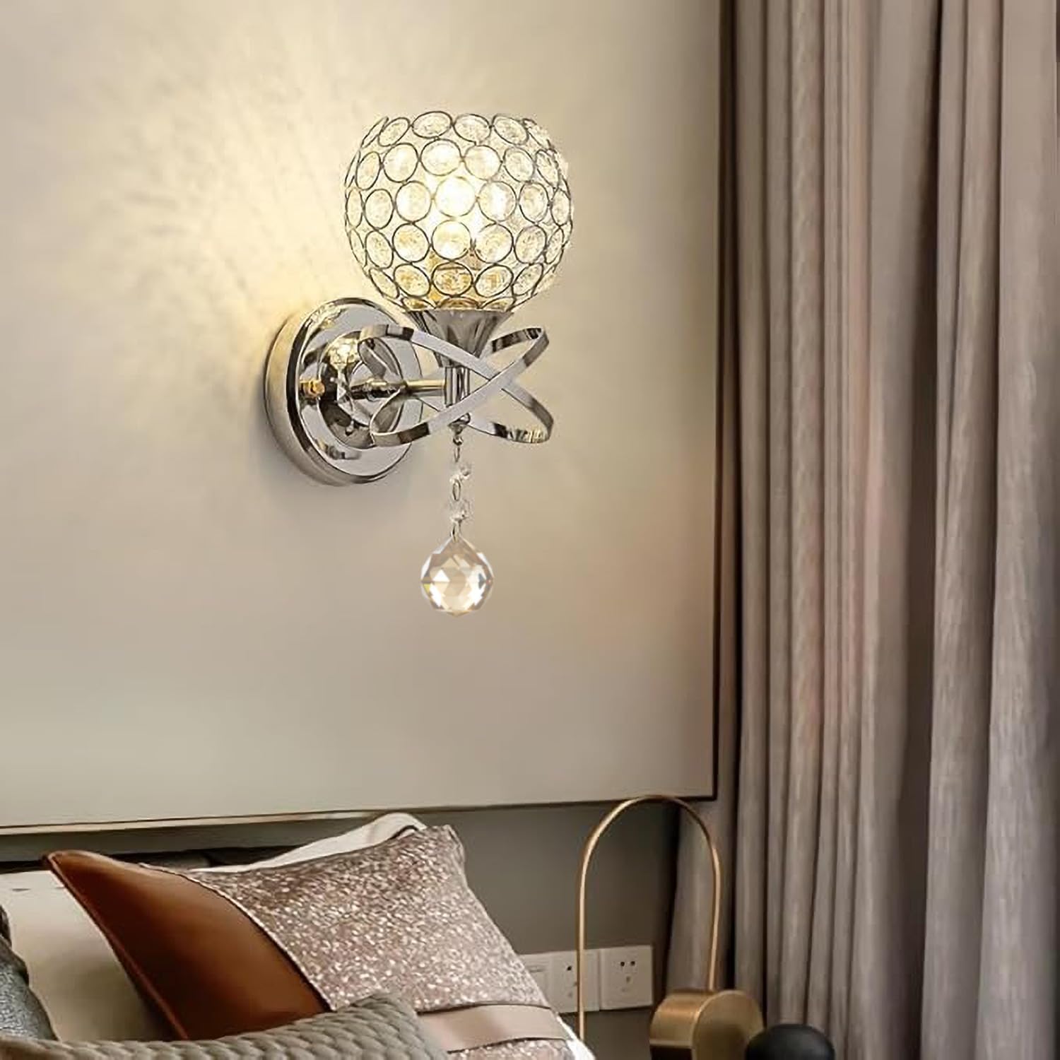TISLYCO Wall Sconces Set of Two, Modern Silver Metal Lighting with Crystal Balls for Bedroom, Living Room, Hallway