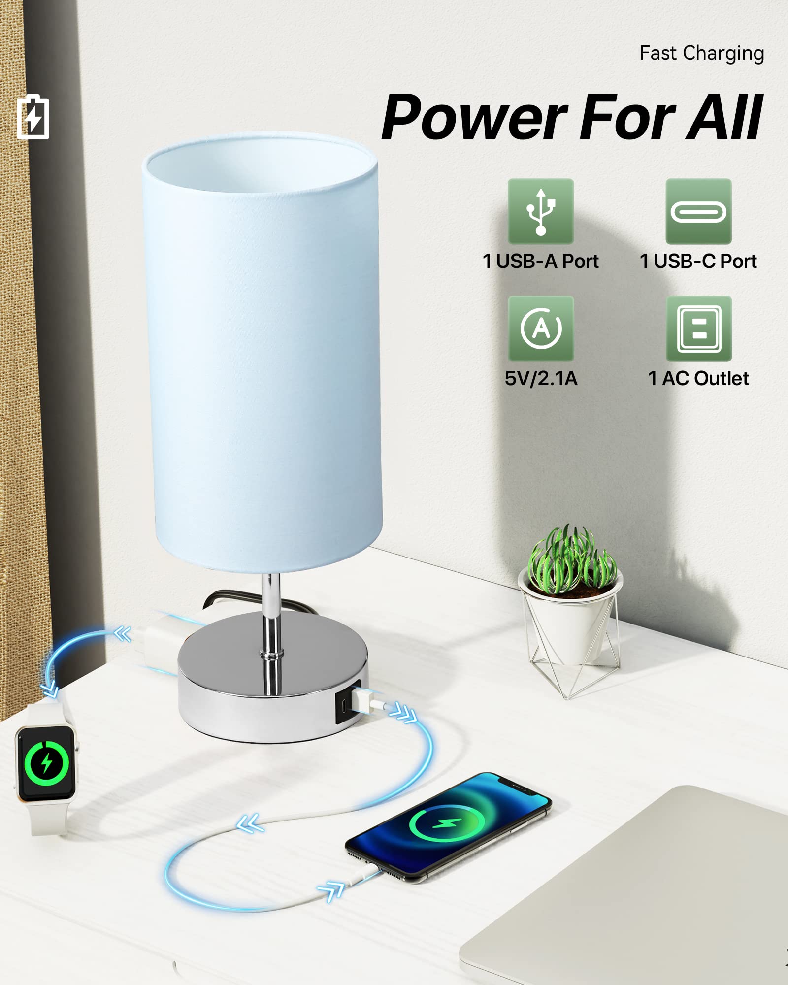 KPQ Bedside Lamp Touch Control with USB Ports & AC Outlet, 3-Way Dimmable, Linen Shade, Bright Silver Base/Blue Shade, Model T432