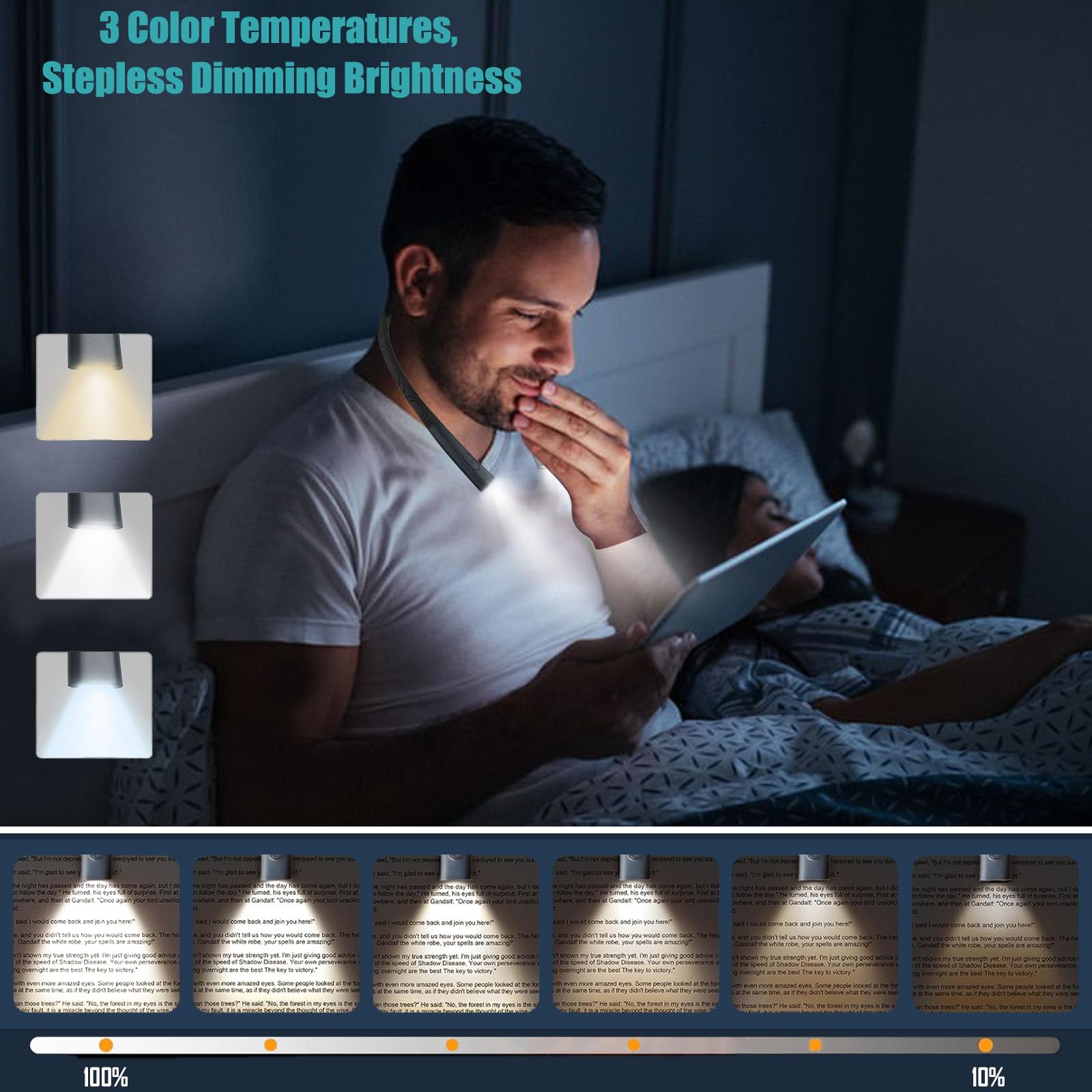 AIOLEKUP LED Neck Reading Light, Book Light for Reading in Bed, 3 Colors, Stepless Dimming Brightness, Bendable Arms, Hand Free