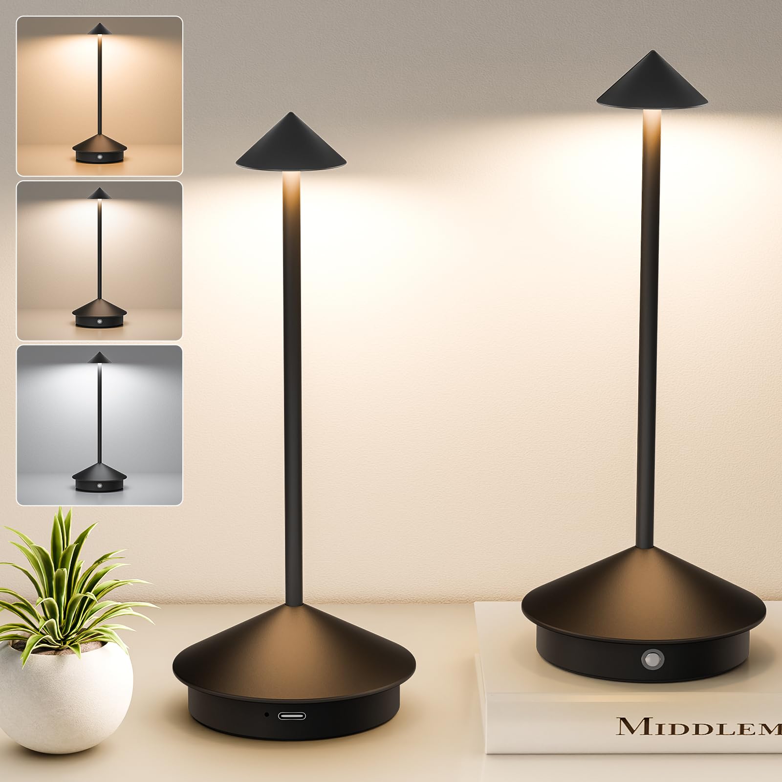 2 Pack Cordless Table Lamp  6000mAh Rechargeable Battery Operated Desk Lamp  Portable Table Light 3 Color Stepless Dimming Up for Restaurant  Bedroom  Patio Outdoor Camping  Coffee Shop  Night Light