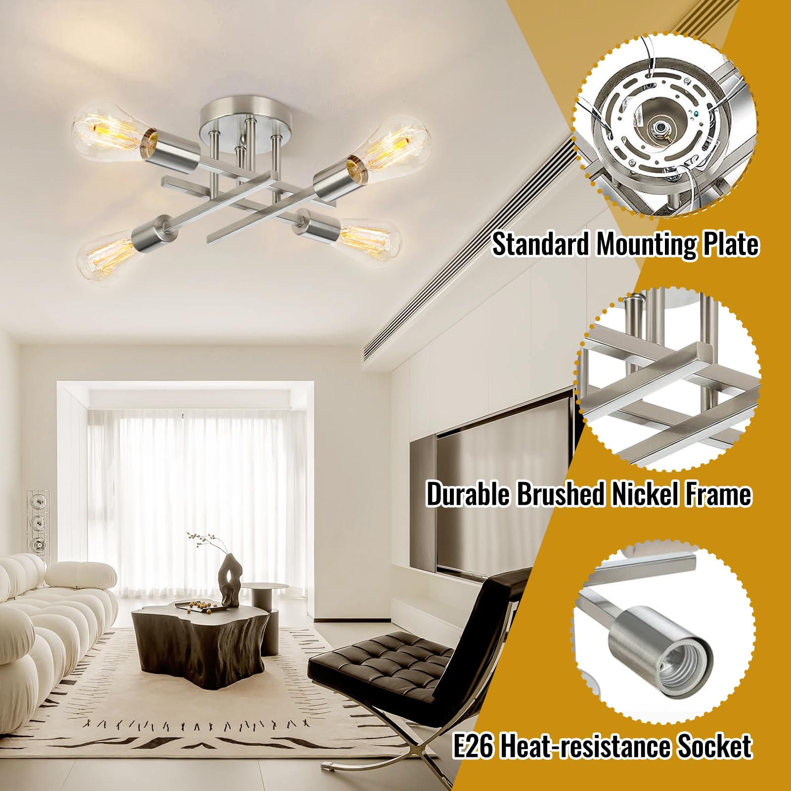 Ceiling Light  Dining Room Light Fixture With E26 Base  Semi Flush Mount Ceiling Light Fixture  Kitchen Lighting Fixtures Ceiling  4-Light Matte Nickle Chandelier For Bedroom