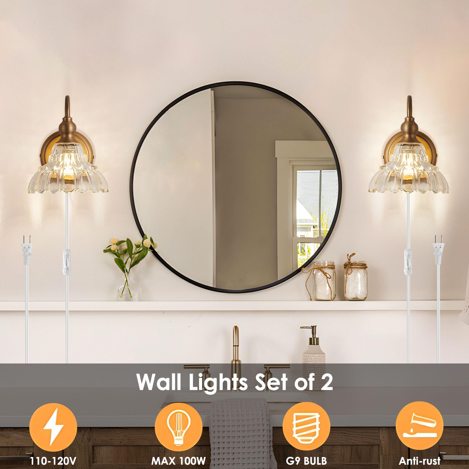 Tlolgt Plug In Vintage Wall Sconces Set Of Two Brass Modern Wall Light Fixtures Antique Vanity Lights For Living Room Fireplace Bathroom Bedroom Coffee Room