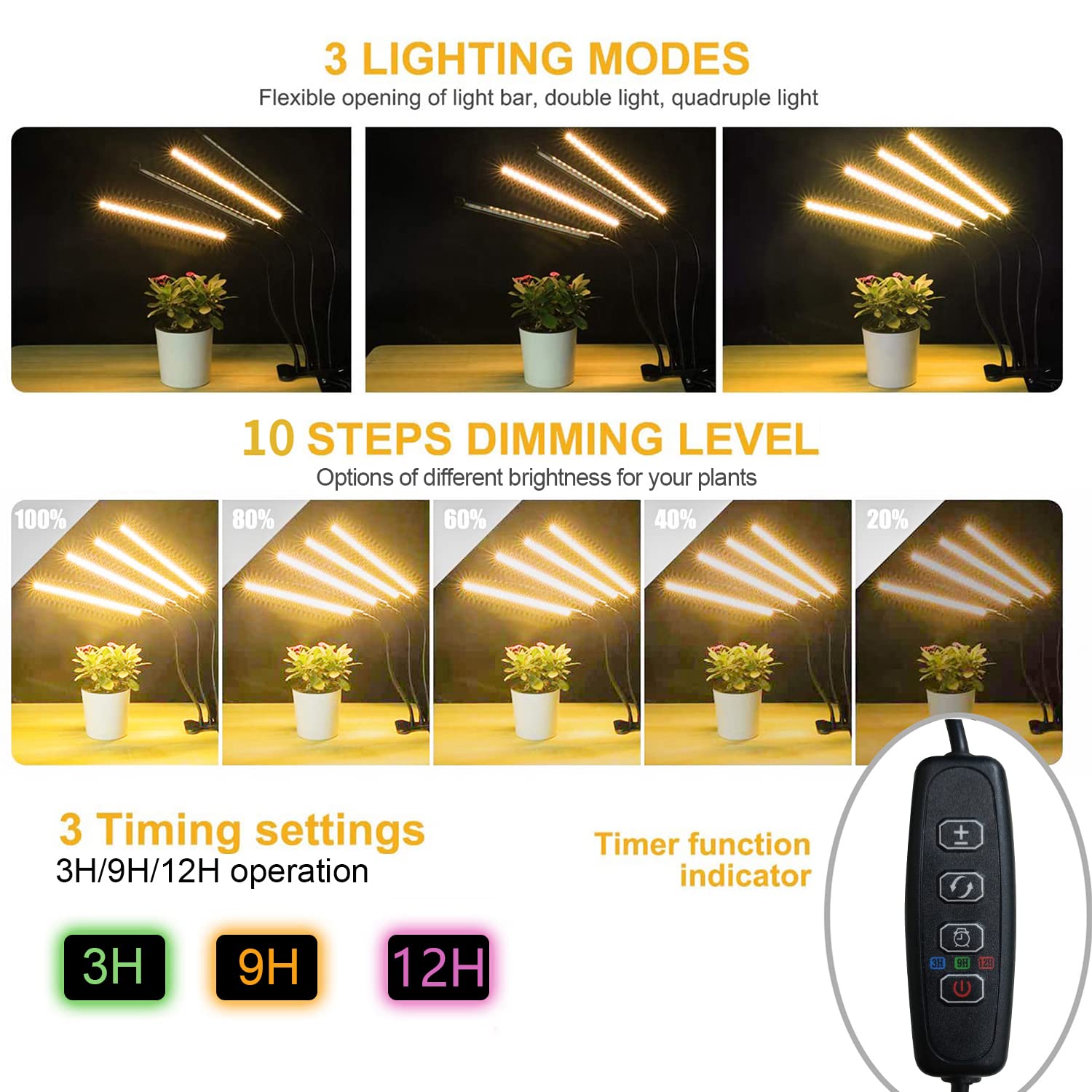 bseah Grow Light for Indoor Plants, Full Spectrum LED, 4 Goosenecks, Timer, Sunlight Yellow