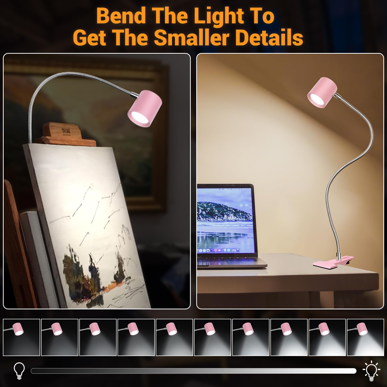 Best World LED Reading Light - 3 Modes, 10 Brightness Levels, Clip on, Aluminum, Pink, Model DA-3.5W-14