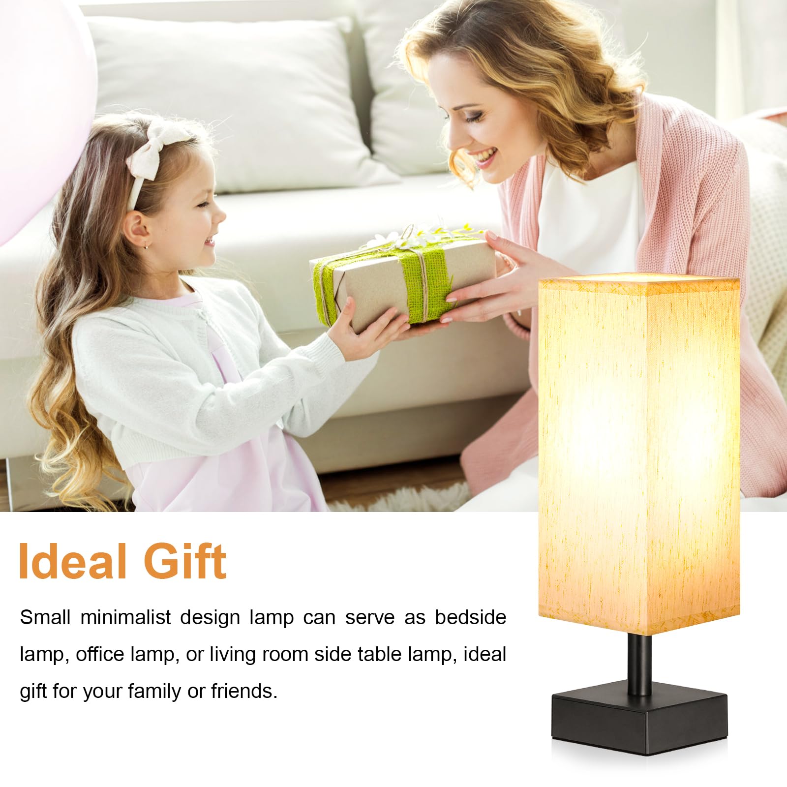 aooshine Small Table Lamp - Minimalist Cream & Black Bedside Light, 13.2in Square Fabric Shade, Model TLASE01M