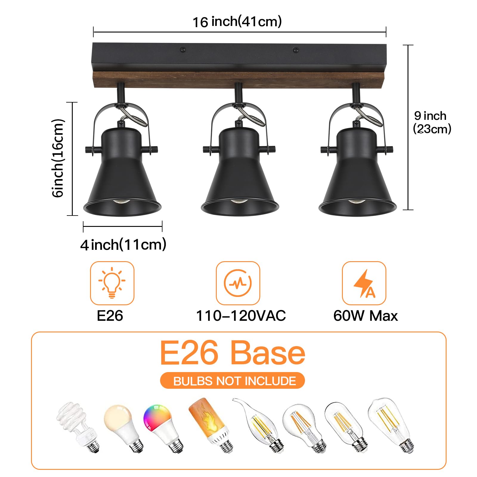 SEEBLEN 3-Light Adjustable Black Track Lighting Fixture, Metal Ceiling/Wall Mount for Kitchen, Living Room, Dining Room, Bathroom