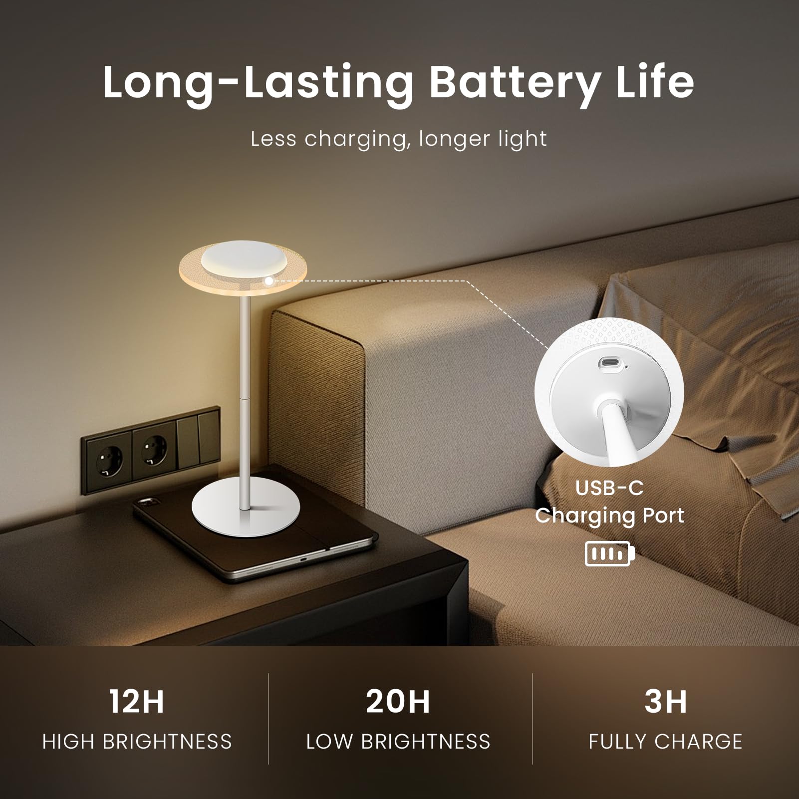 LOFTEK Cordless Table Lamps Set of 2, Rechargeable, Touch Dimming, Portable, Pure White, Model CL-TD03