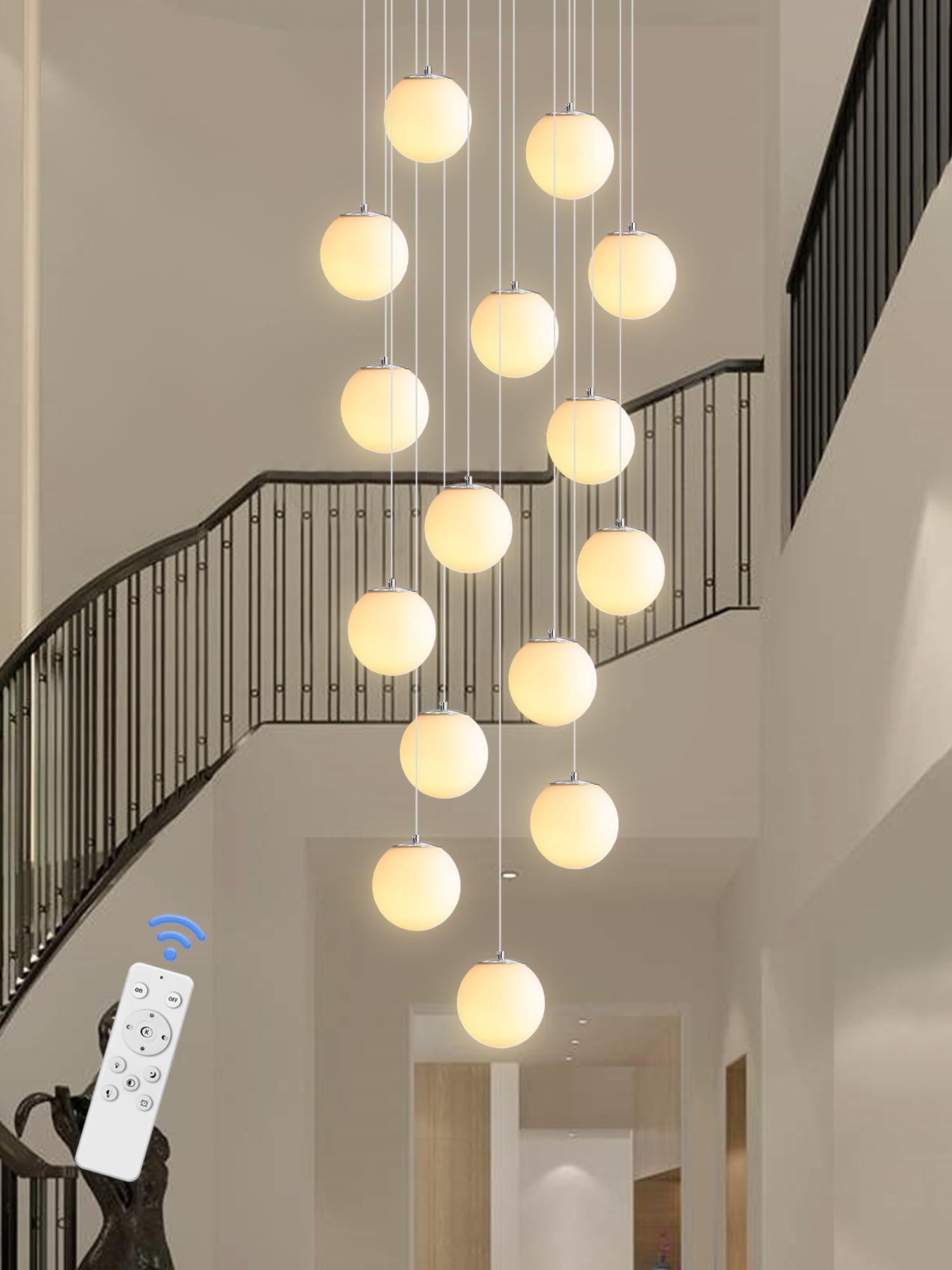 ykolupty 15-Light Large Chandelier with White Globe Glass Dimmable Ceiling Light Glass Pendant Light for Kitchen Island, Dining 