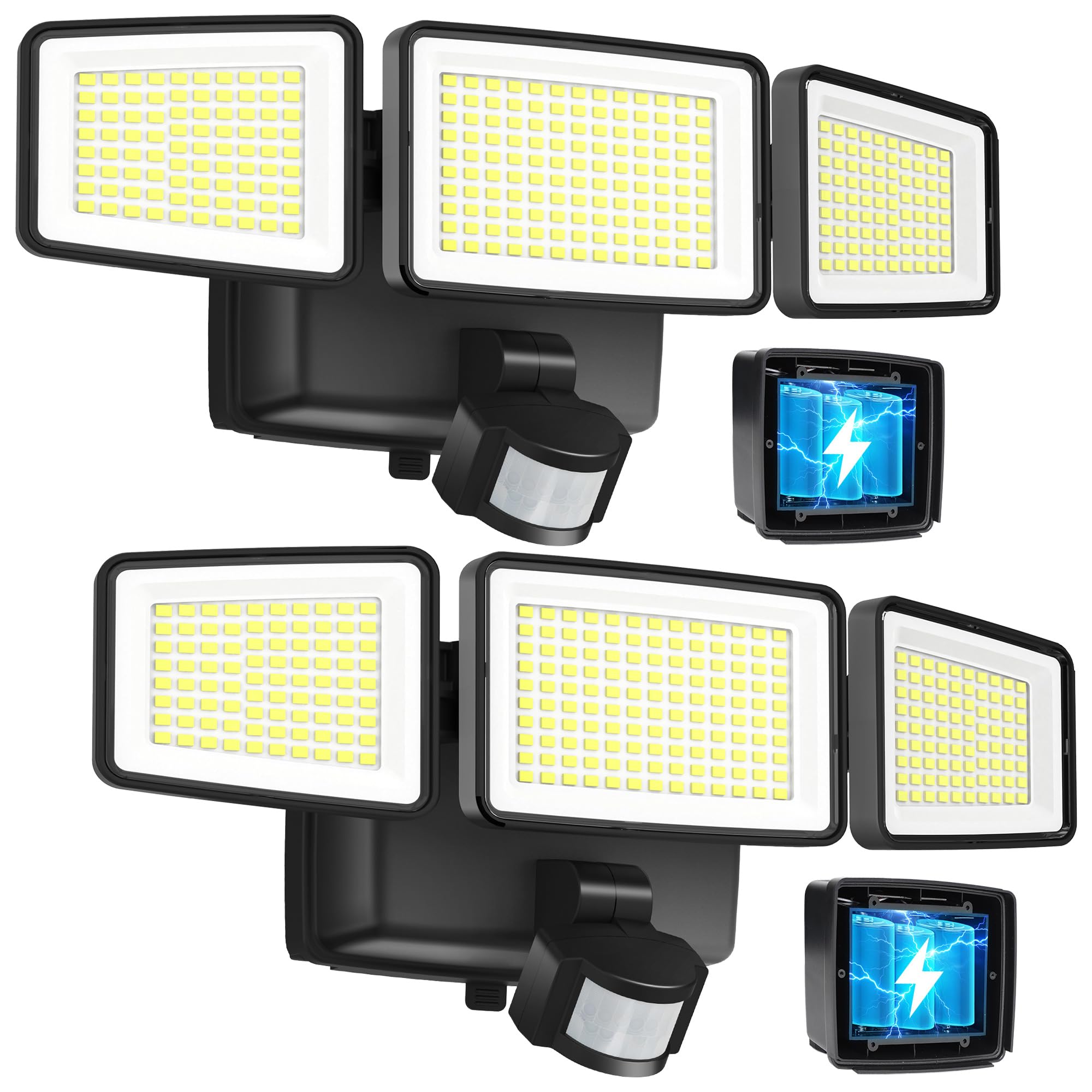 UME Battery Powered Motion Sensor Outdoor Lights 302 LED 1800LM  IP65 Waterproof Battery Operated Flood Lights Outdoor  3 Heads Security Motion Light with 3 Modes for Garden Patio Yard  2 Pack (Black)