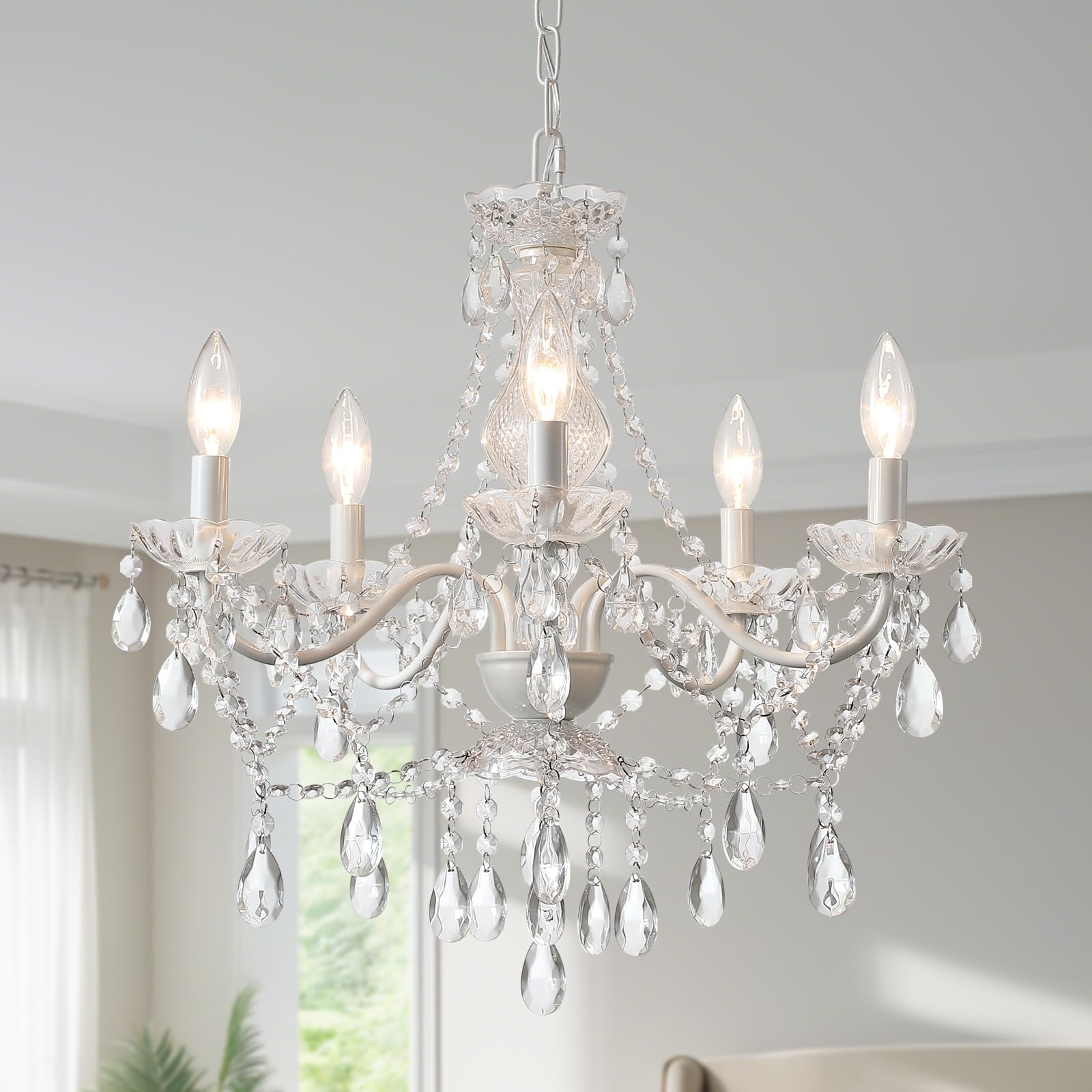Amzasa Crystal White Chandelier, Ceramic White Hanging Pendant Light,Crystals Pendant And Acrylic Dish,5 Light Crystal Chandelie
