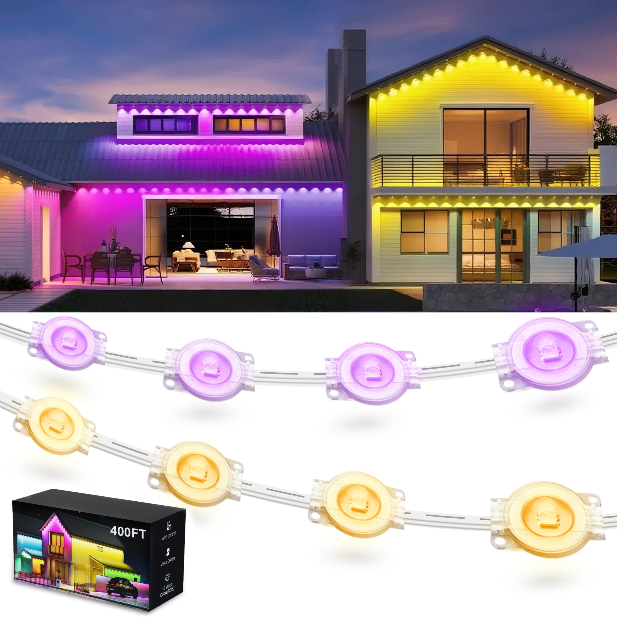 Fussion RGB LED Outdoor Lights, 400FT, IP67 Waterproof, Remote Control, Model LX20250312-120M, White, Perfect for Holidays and Parties