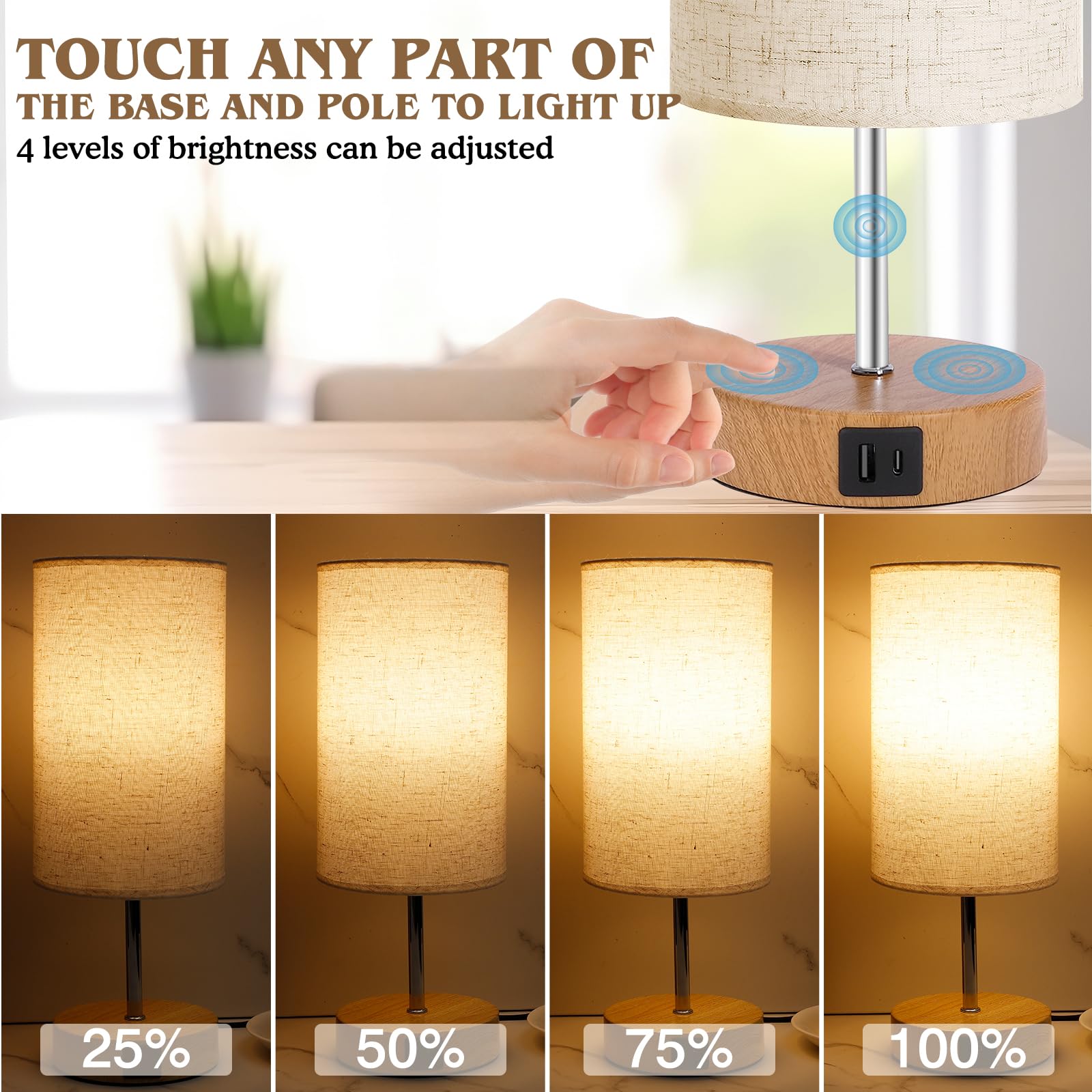 Bedside Table Lamp For Bedroom - 4 Way Dimmable Touch Lamp With Usb And Type-C Charge Port, Small Wood Base Round Flaxen Fabric